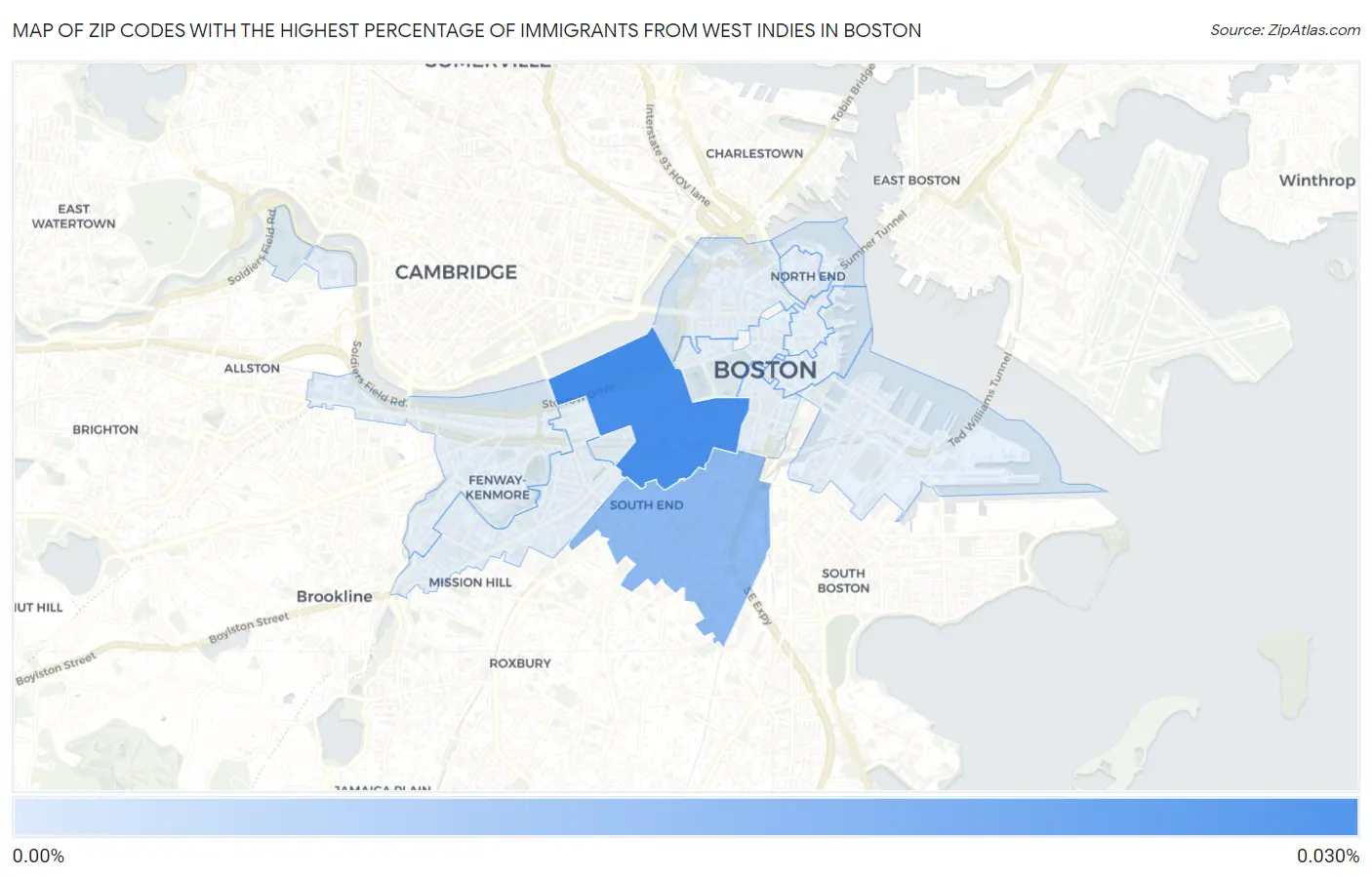 Zip Codes with the Highest Percentage of Immigrants from West Indies in Boston Map