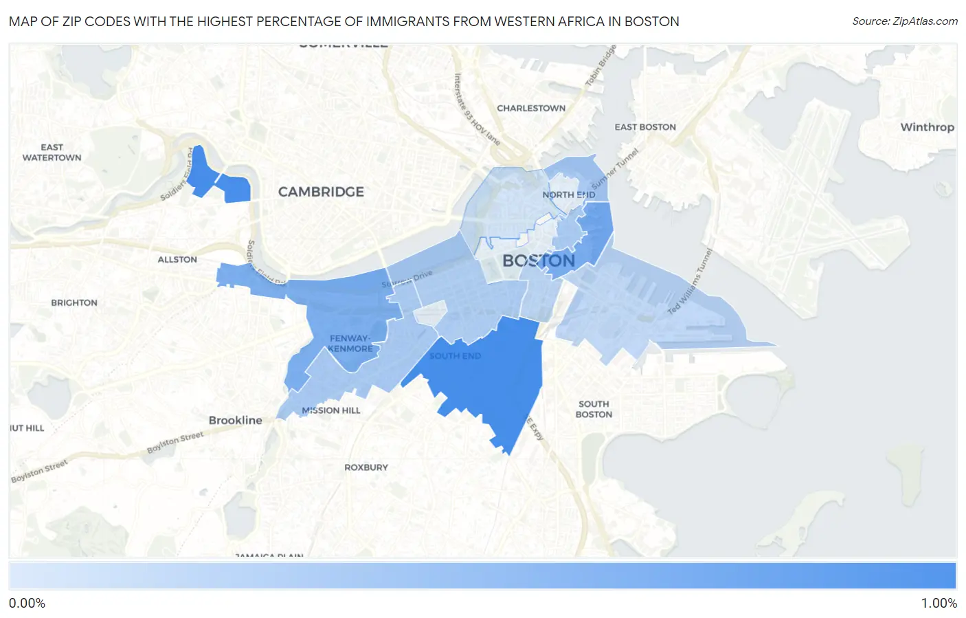 Zip Codes with the Highest Percentage of Immigrants from Western Africa in Boston Map