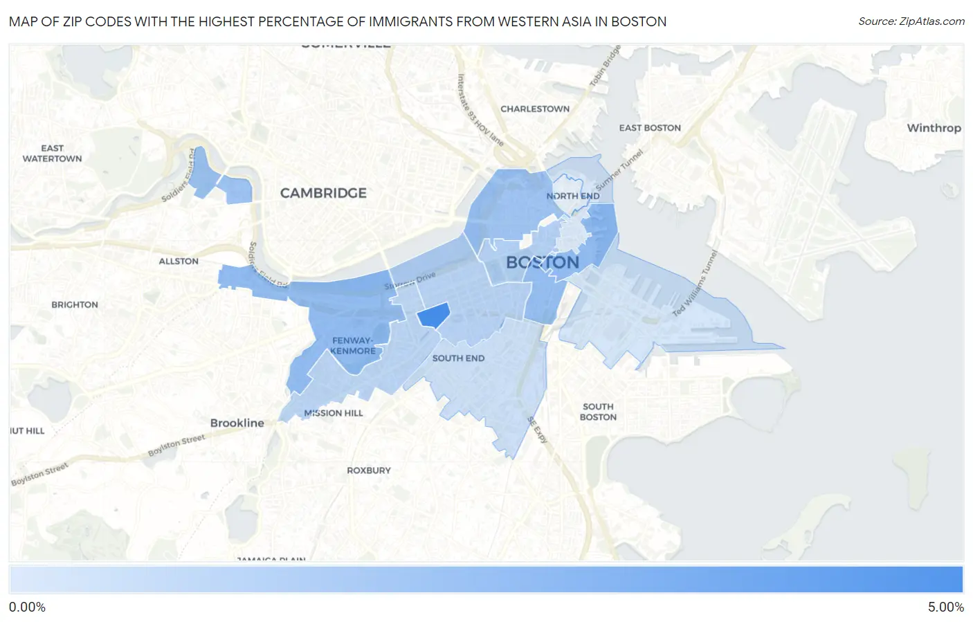 Zip Codes with the Highest Percentage of Immigrants from Western Asia in Boston Map