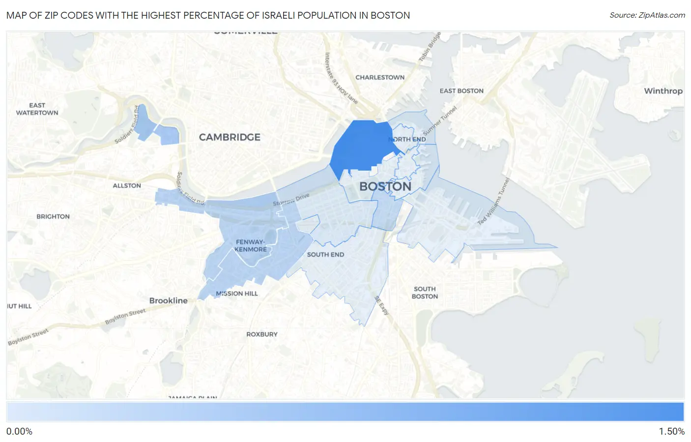 Zip Codes with the Highest Percentage of Israeli Population in Boston Map