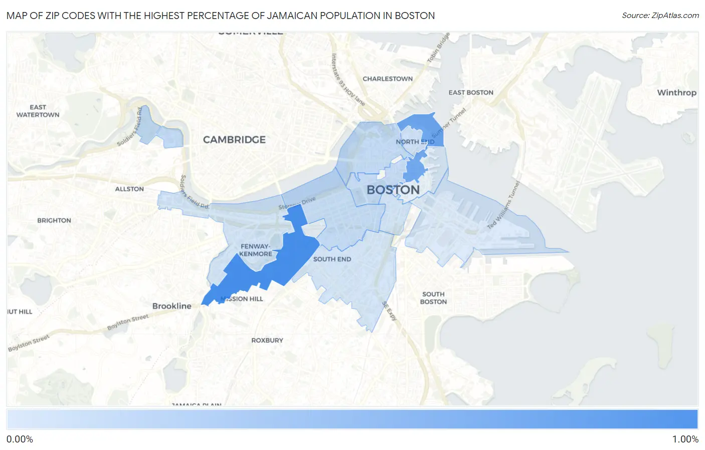 Zip Codes with the Highest Percentage of Jamaican Population in Boston Map