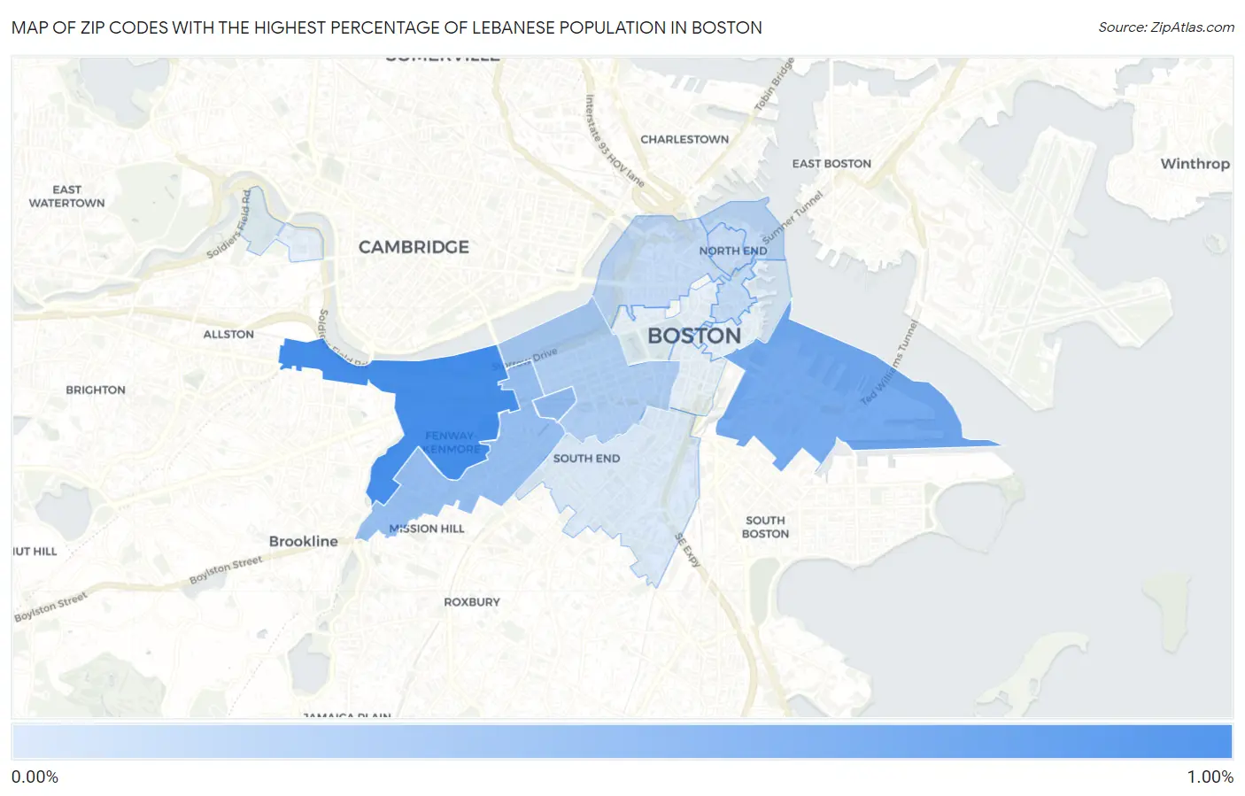 Zip Codes with the Highest Percentage of Lebanese Population in Boston Map