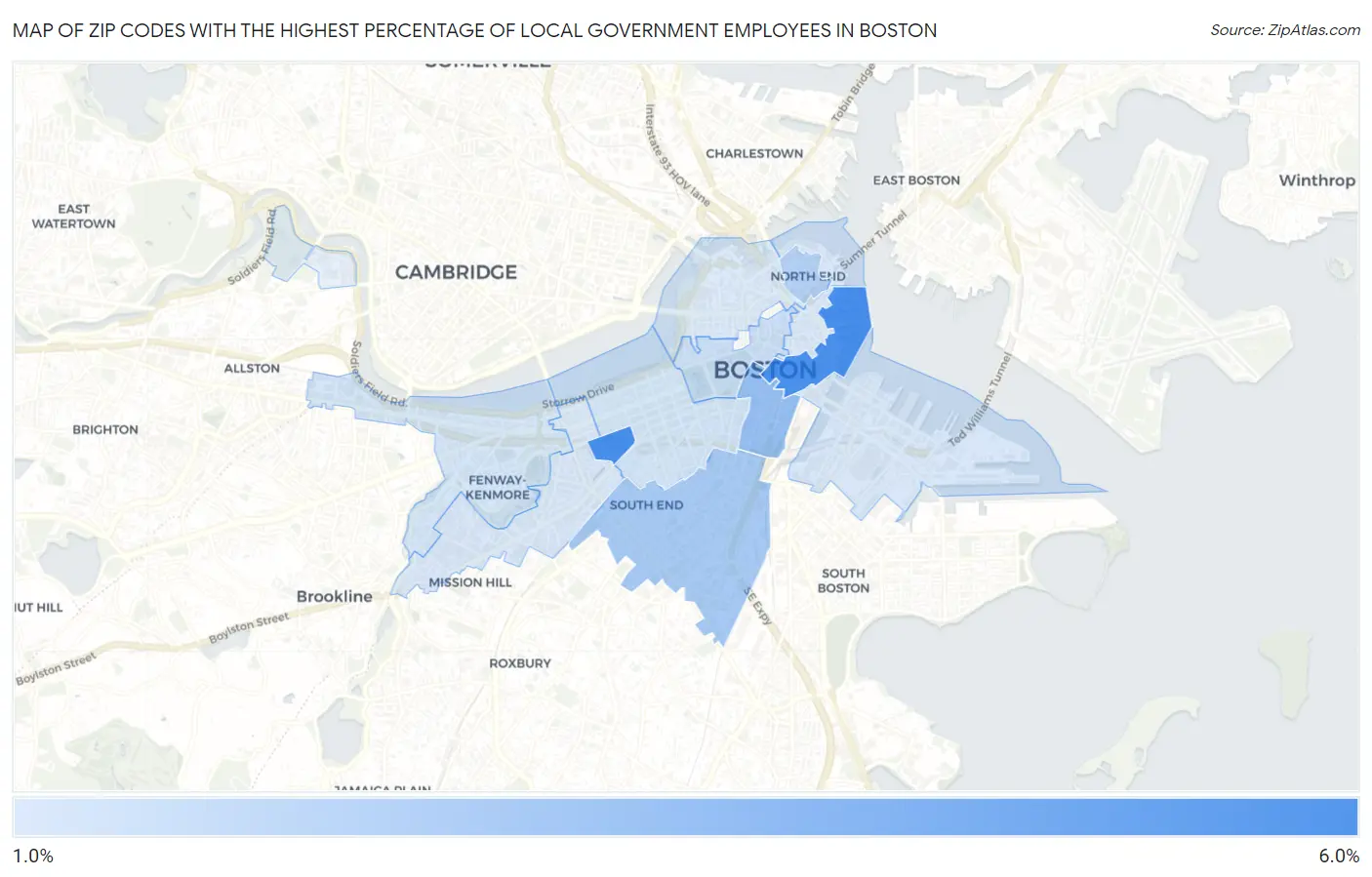 Zip Codes with the Highest Percentage of Local Government Employees in Boston Map