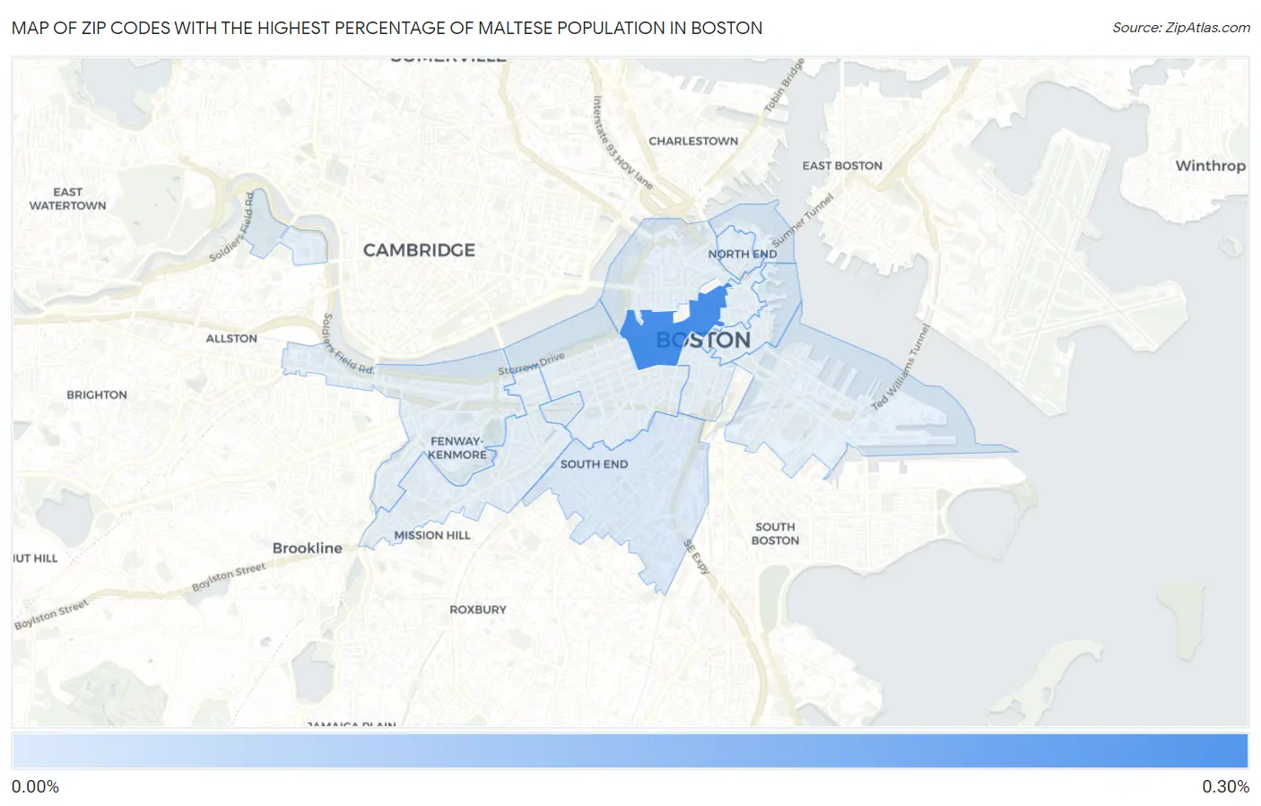 Zip Codes with the Highest Percentage of Maltese Population in Boston Map
