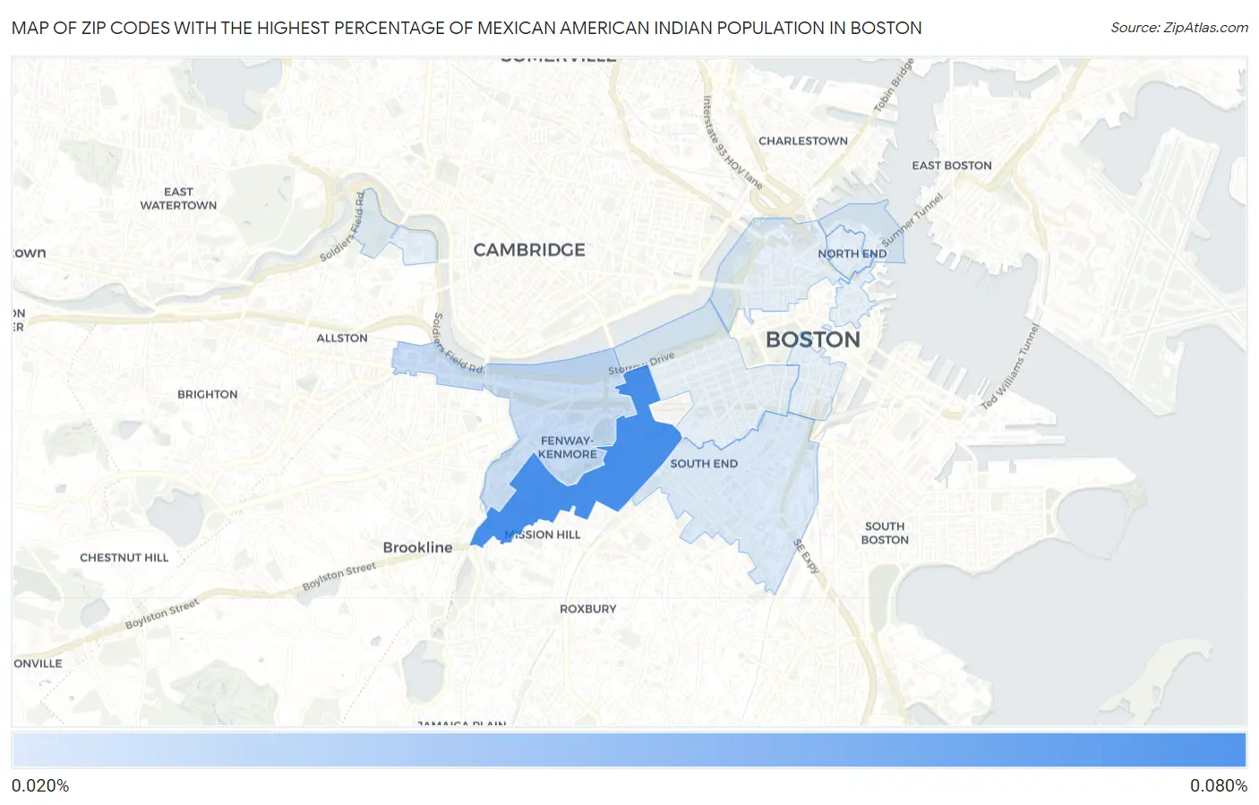 Zip Codes with the Highest Percentage of Mexican American Indian Population in Boston Map