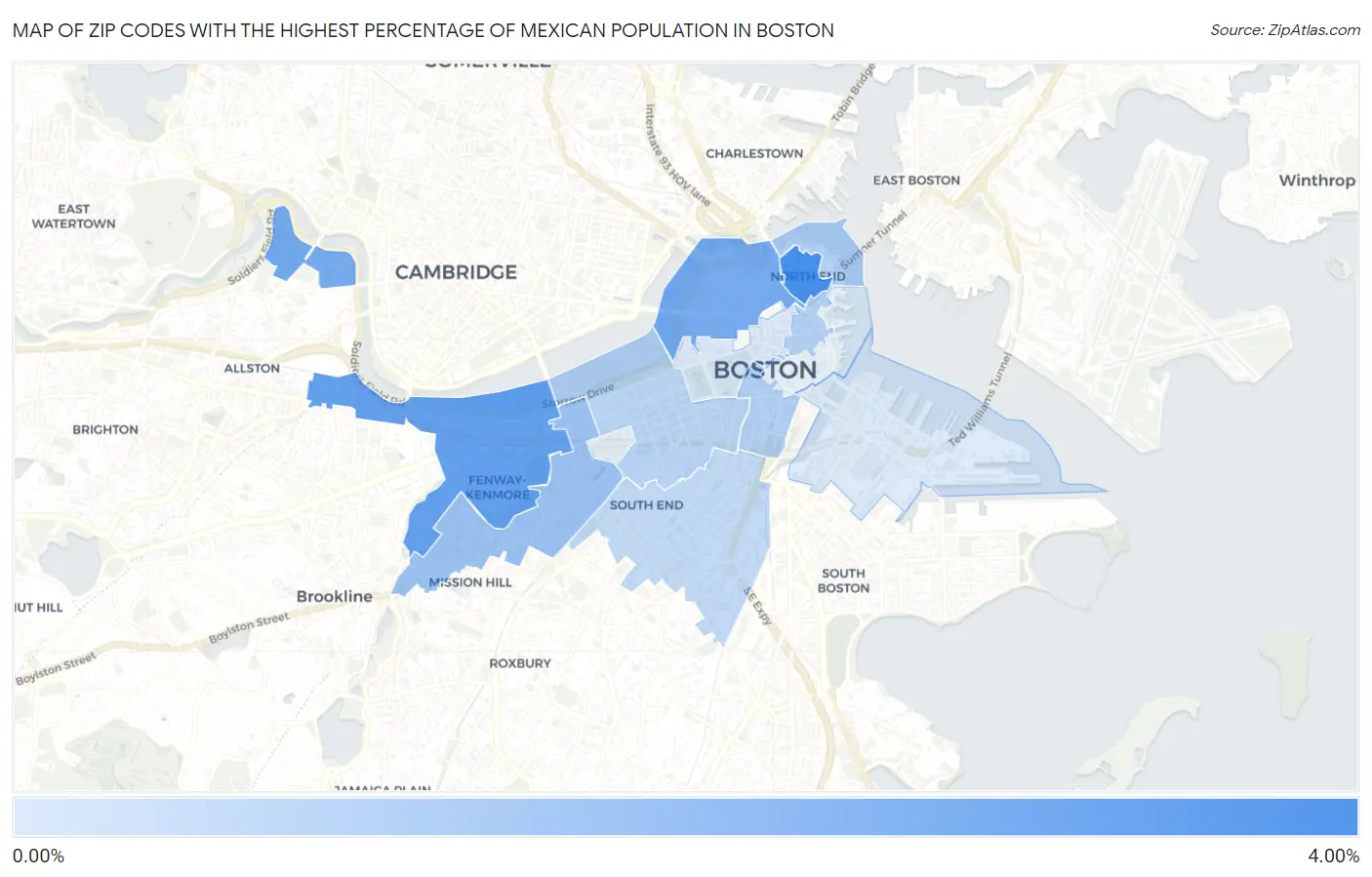 Zip Codes with the Highest Percentage of Mexican Population in Boston Map