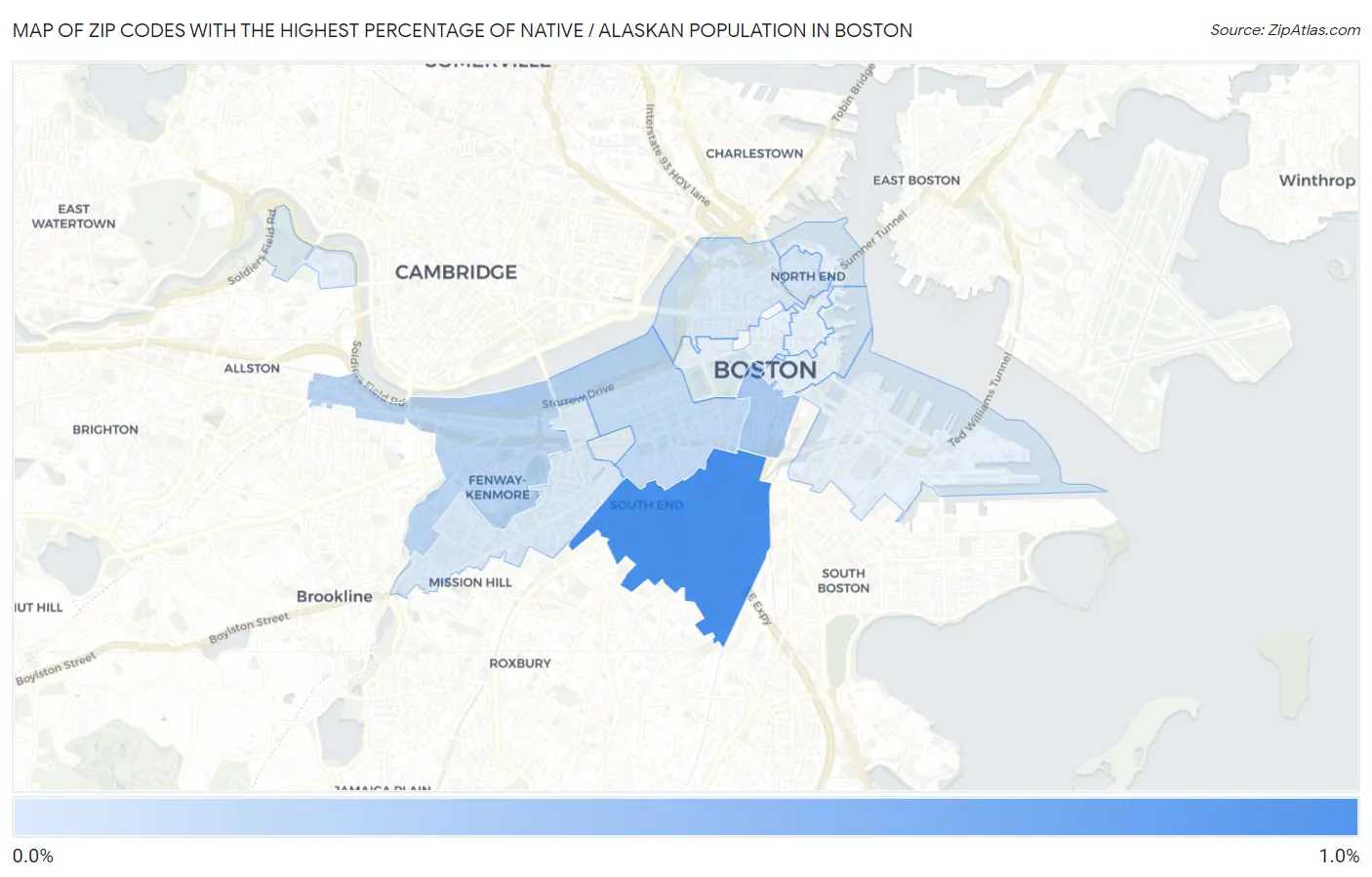 Zip Codes with the Highest Percentage of Native / Alaskan Population in Boston Map