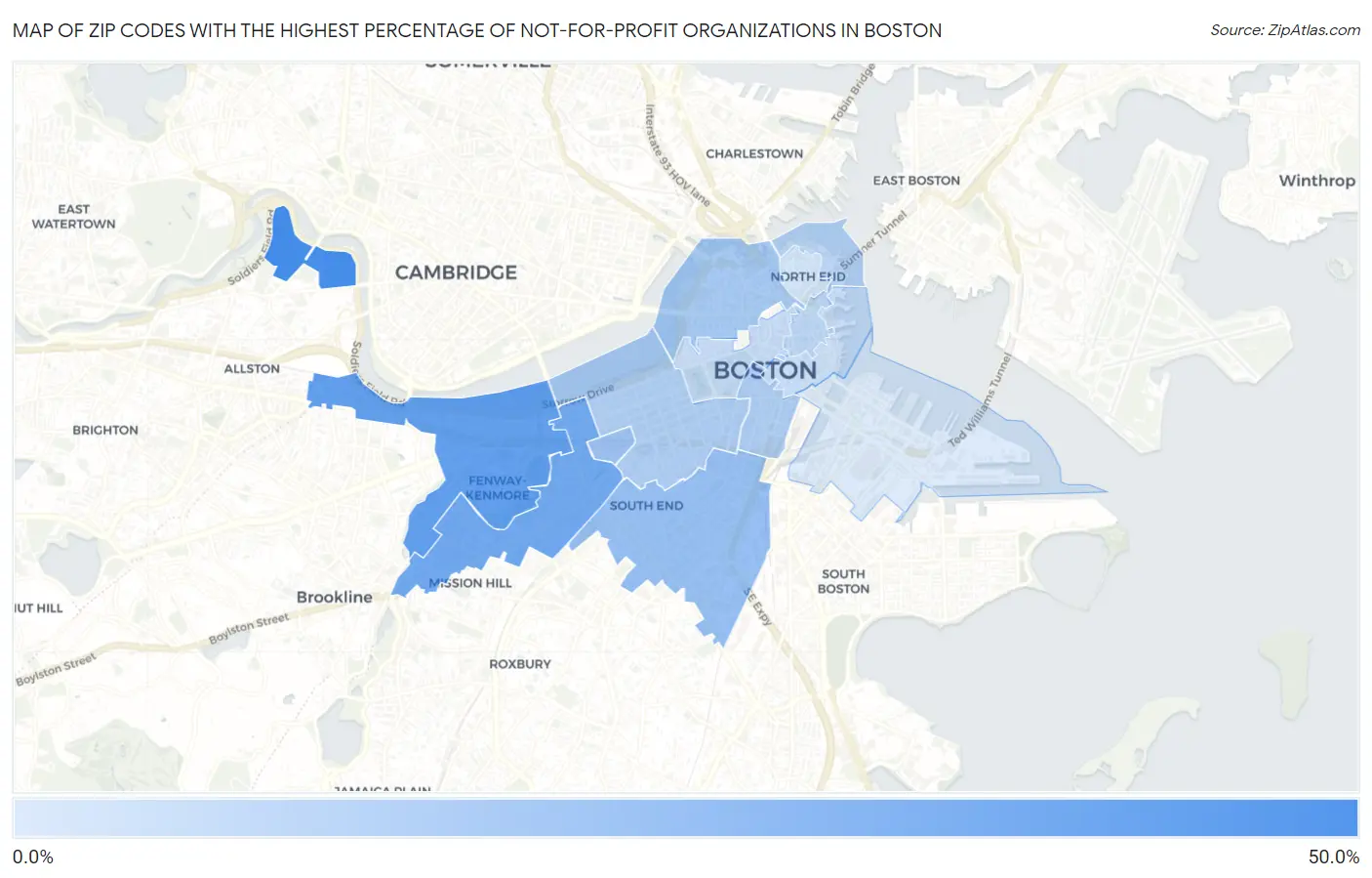 Zip Codes with the Highest Percentage of Not-for-profit Organizations in Boston Map