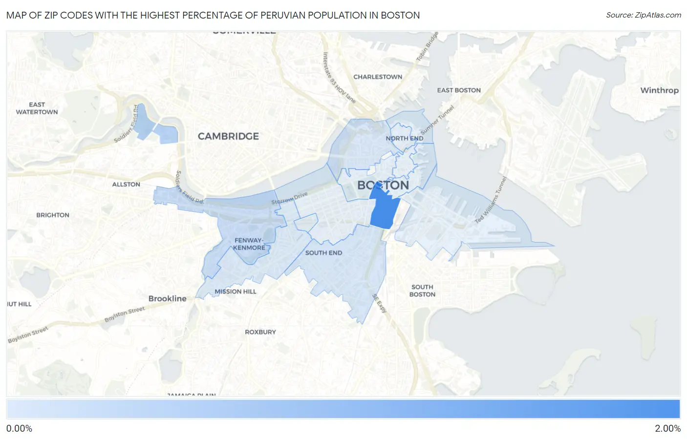 Zip Codes with the Highest Percentage of Peruvian Population in Boston Map