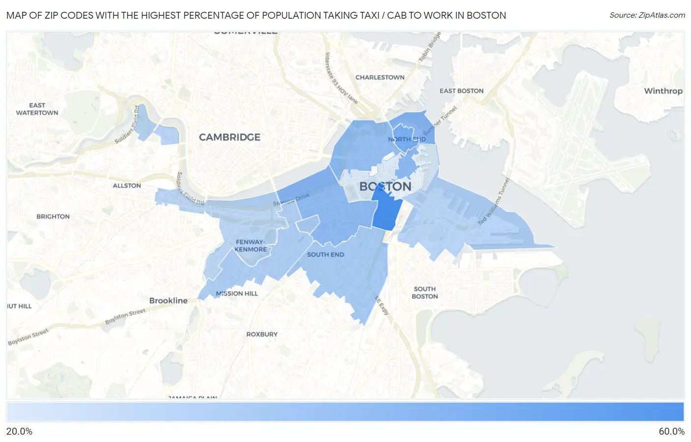 Zip Codes with the Highest Percentage of Population Taking Taxi / Cab to Work in Boston Map