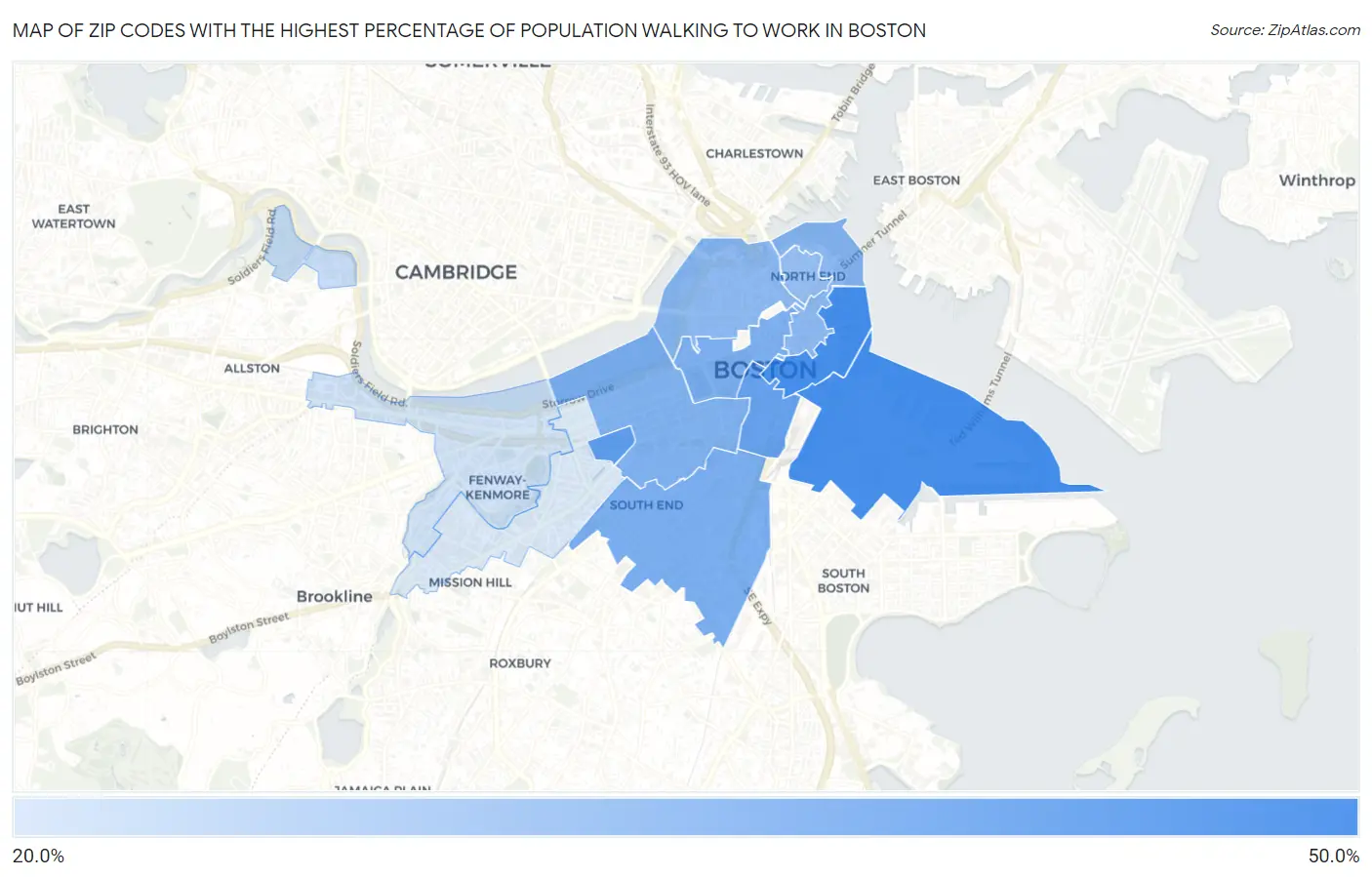 Zip Codes with the Highest Percentage of Population Walking to Work in Boston Map