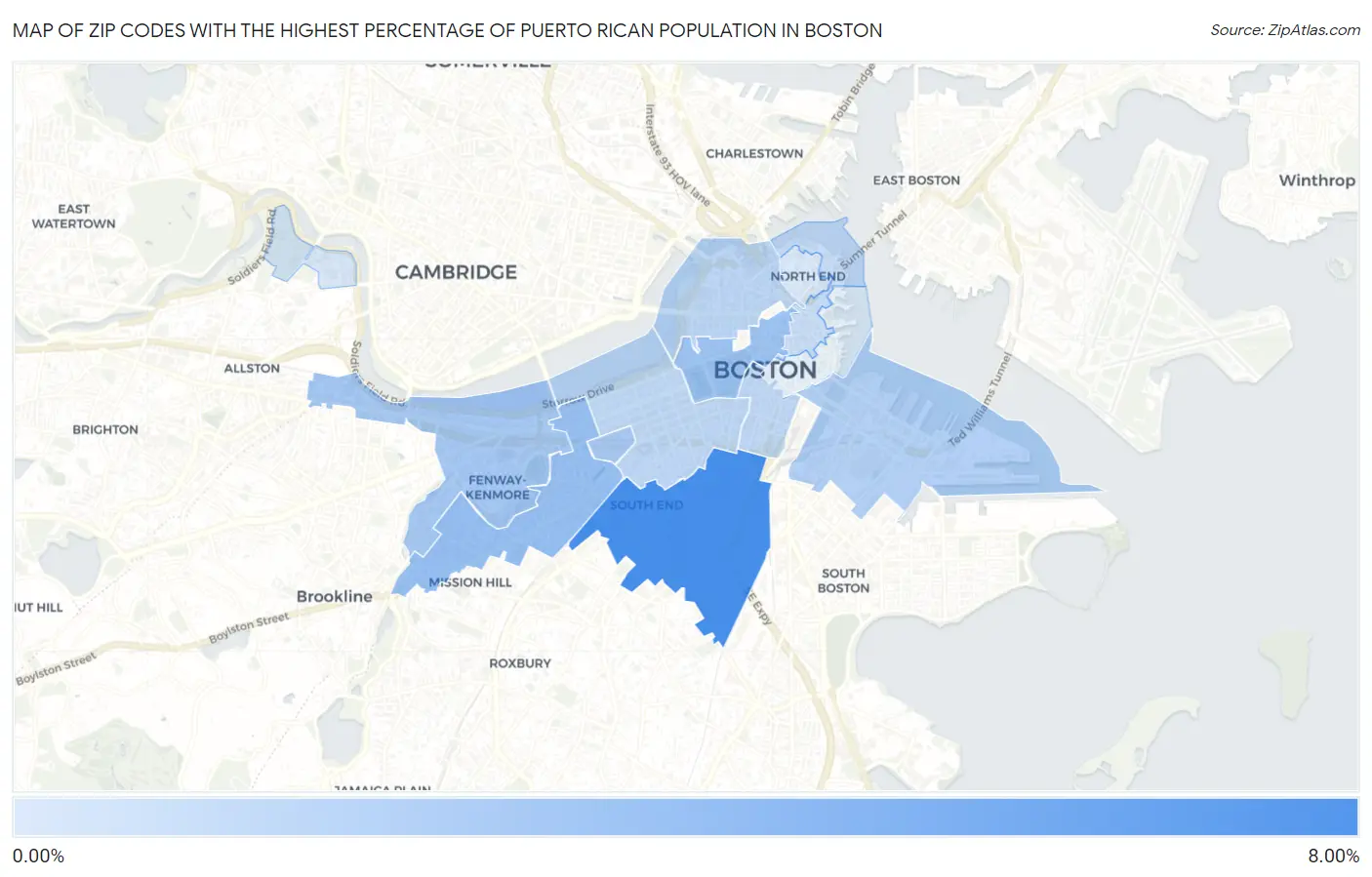 Zip Codes with the Highest Percentage of Puerto Rican Population in Boston Map