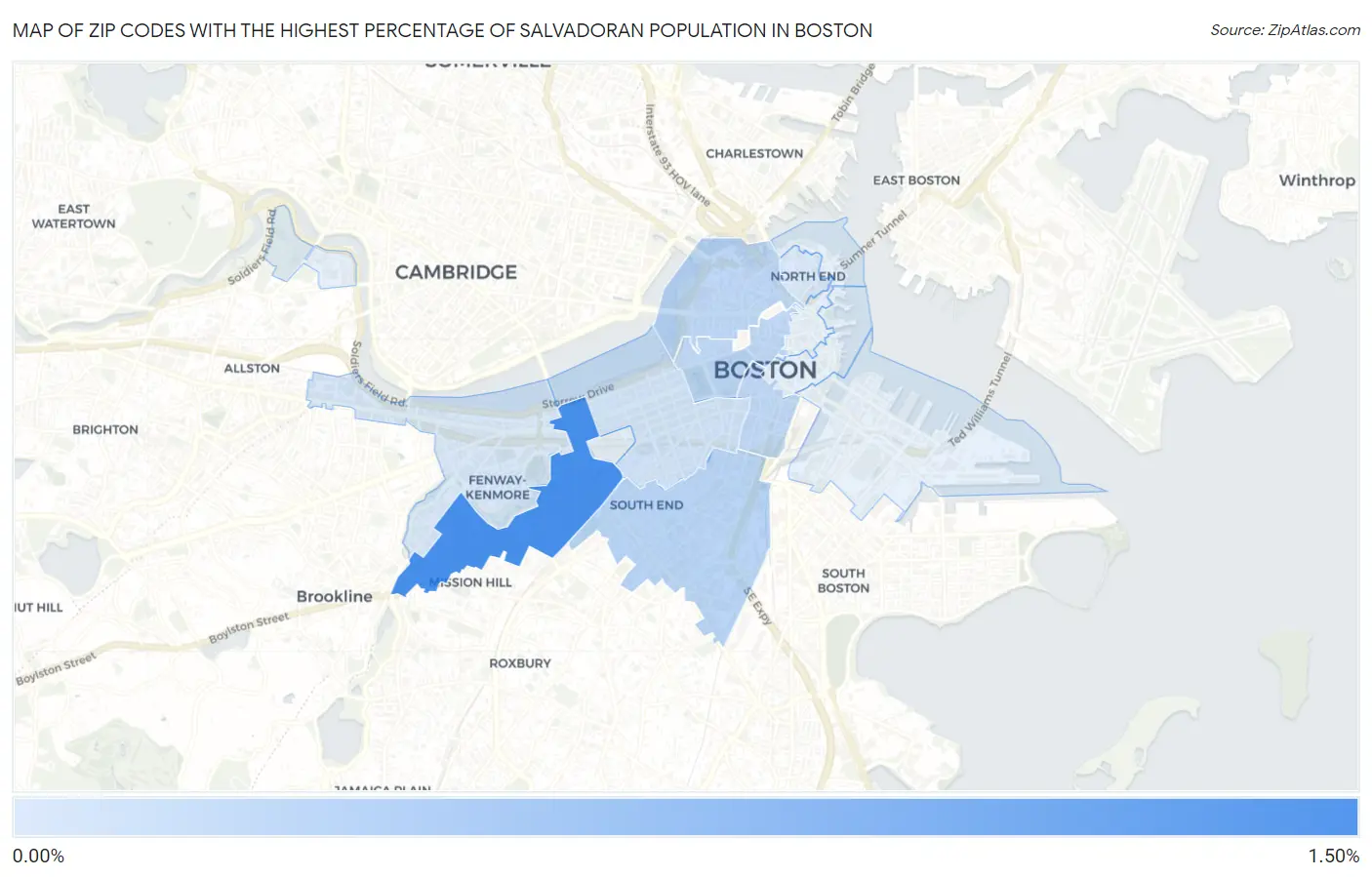 Zip Codes with the Highest Percentage of Salvadoran Population in Boston Map