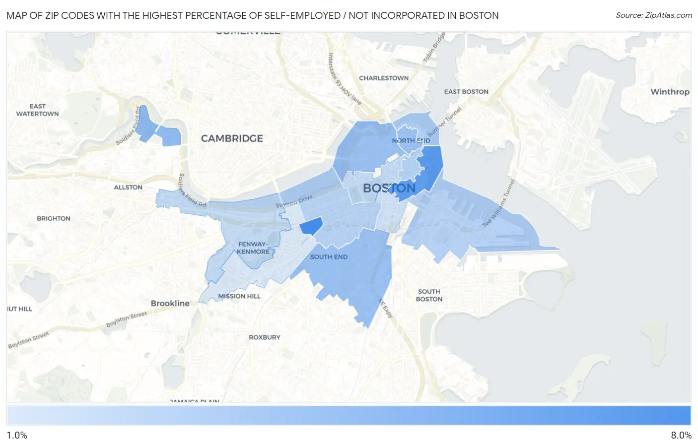 Zip Codes with the Highest Percentage of Self-Employed / Not Incorporated in Boston Map