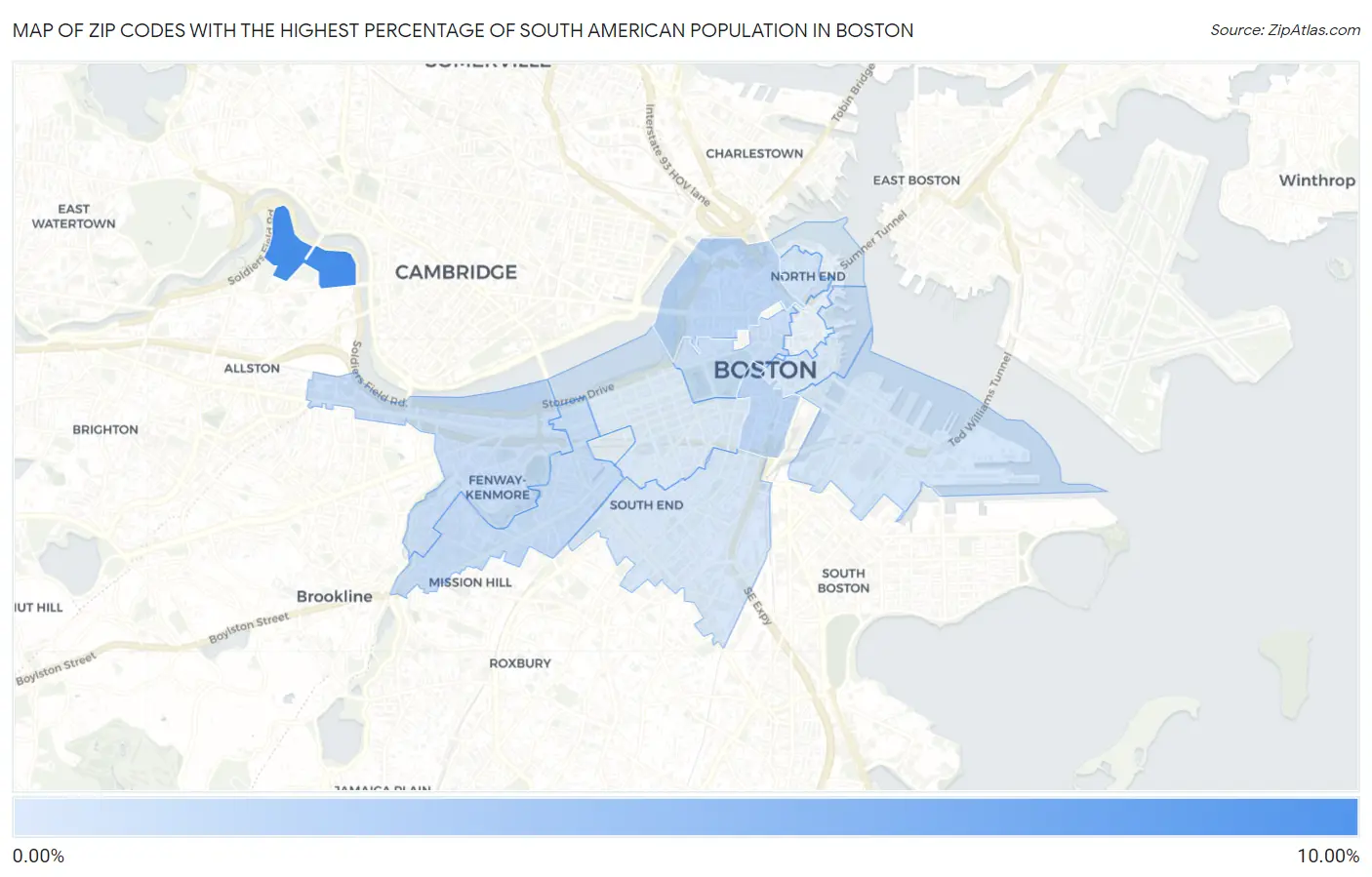 Zip Codes with the Highest Percentage of South American Population in Boston Map