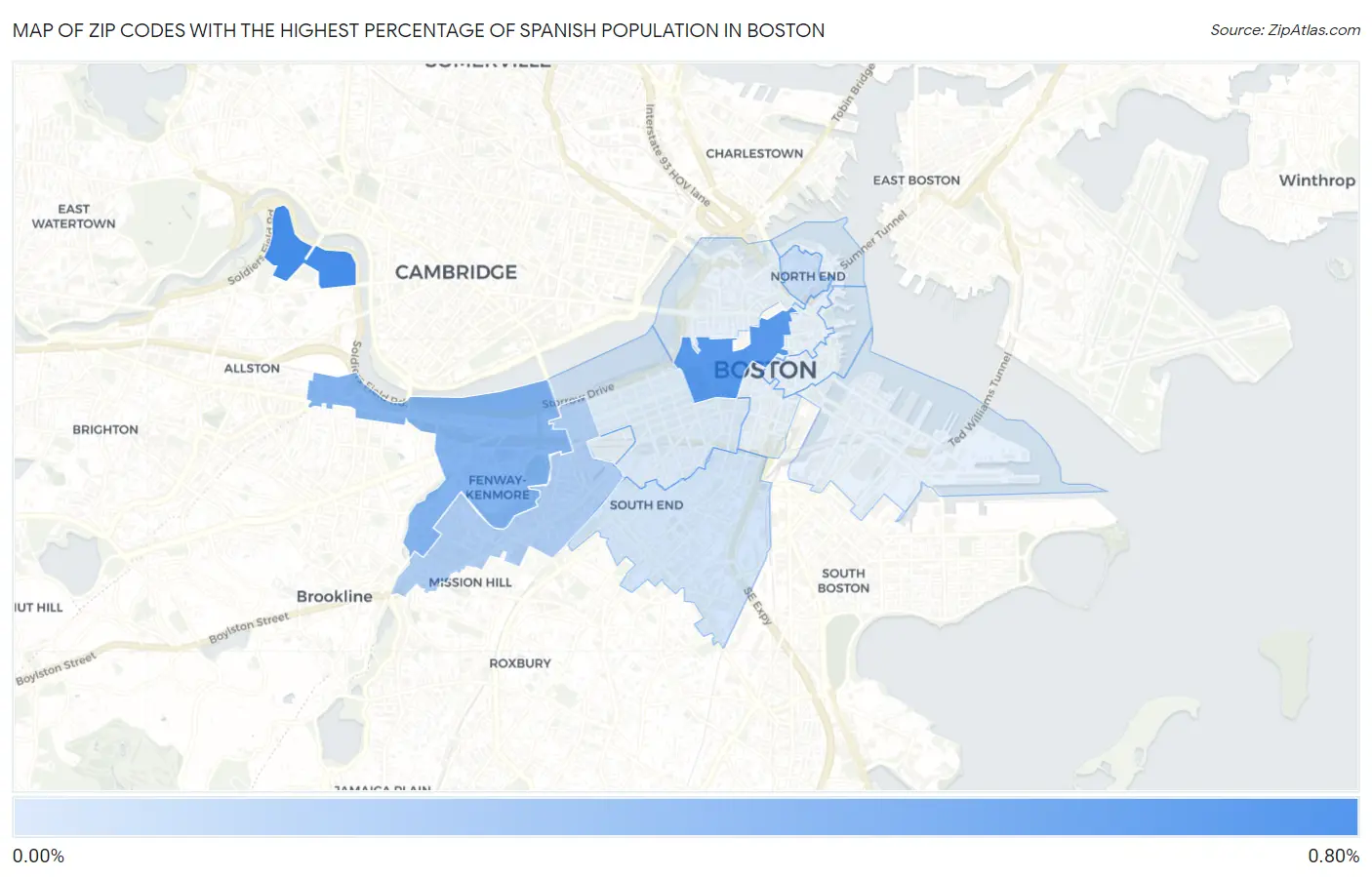 Zip Codes with the Highest Percentage of Spanish Population in Boston Map