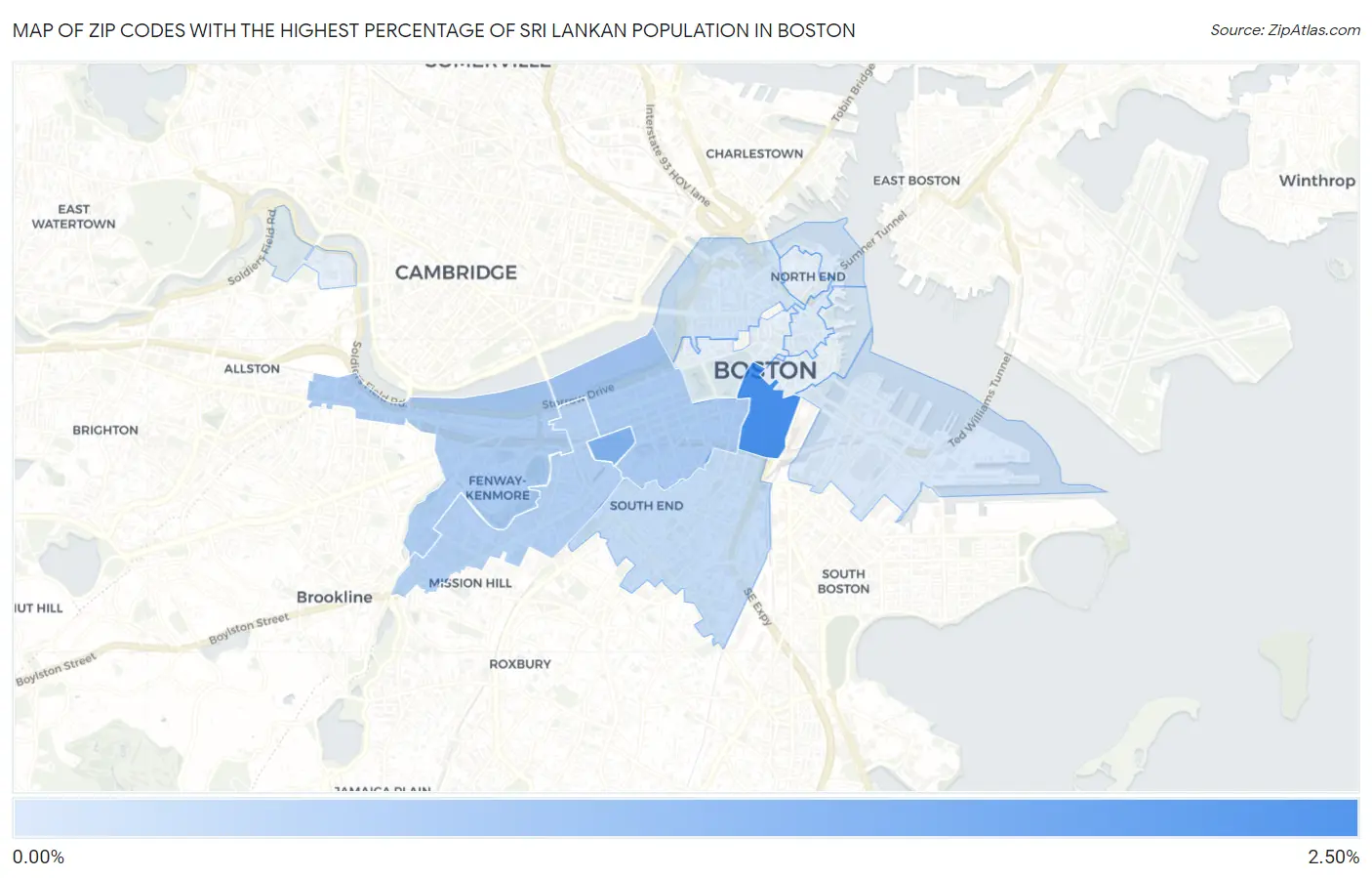 Zip Codes with the Highest Percentage of Sri Lankan Population in Boston Map