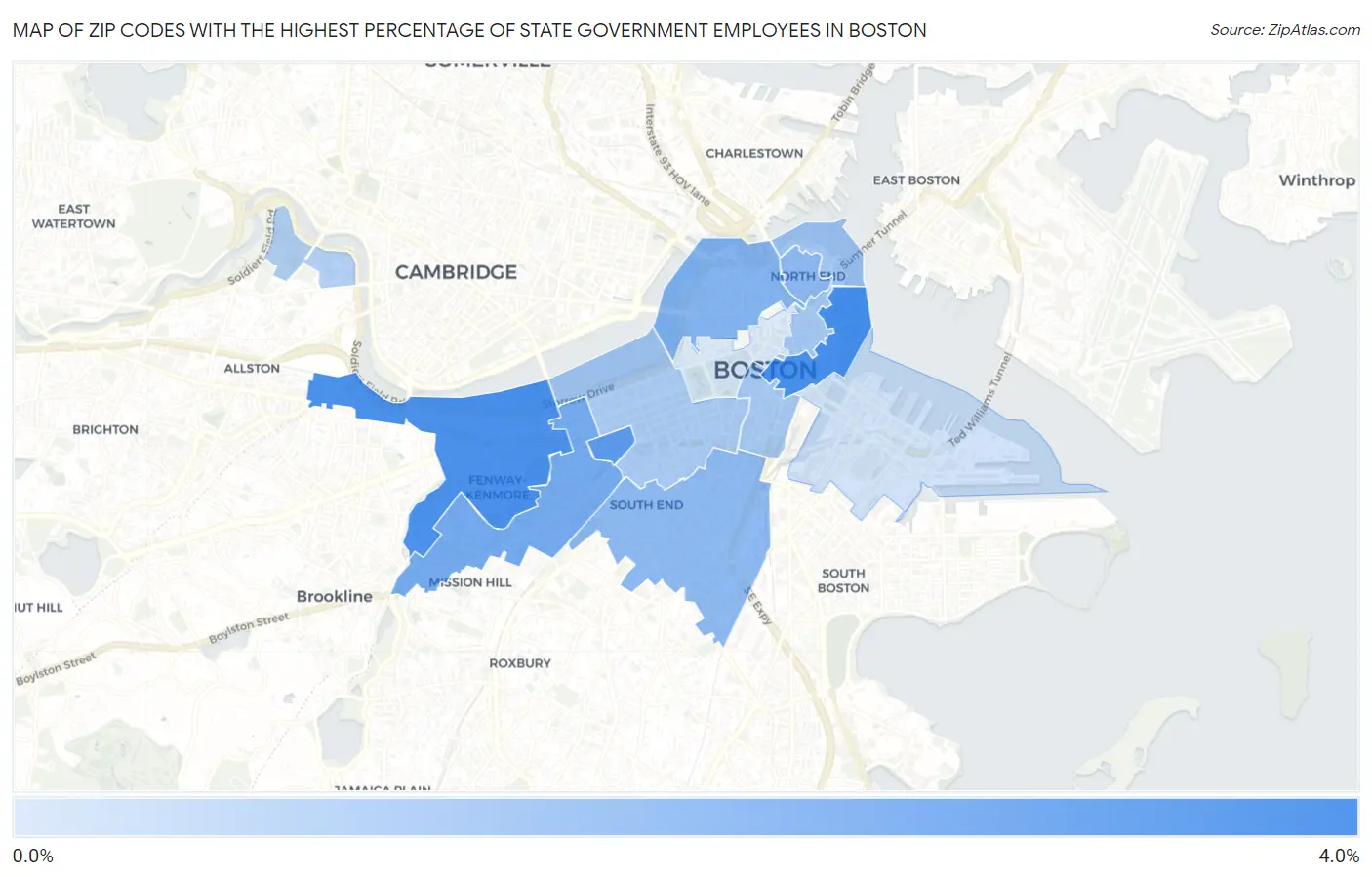 Zip Codes with the Highest Percentage of State Government Employees in Boston Map