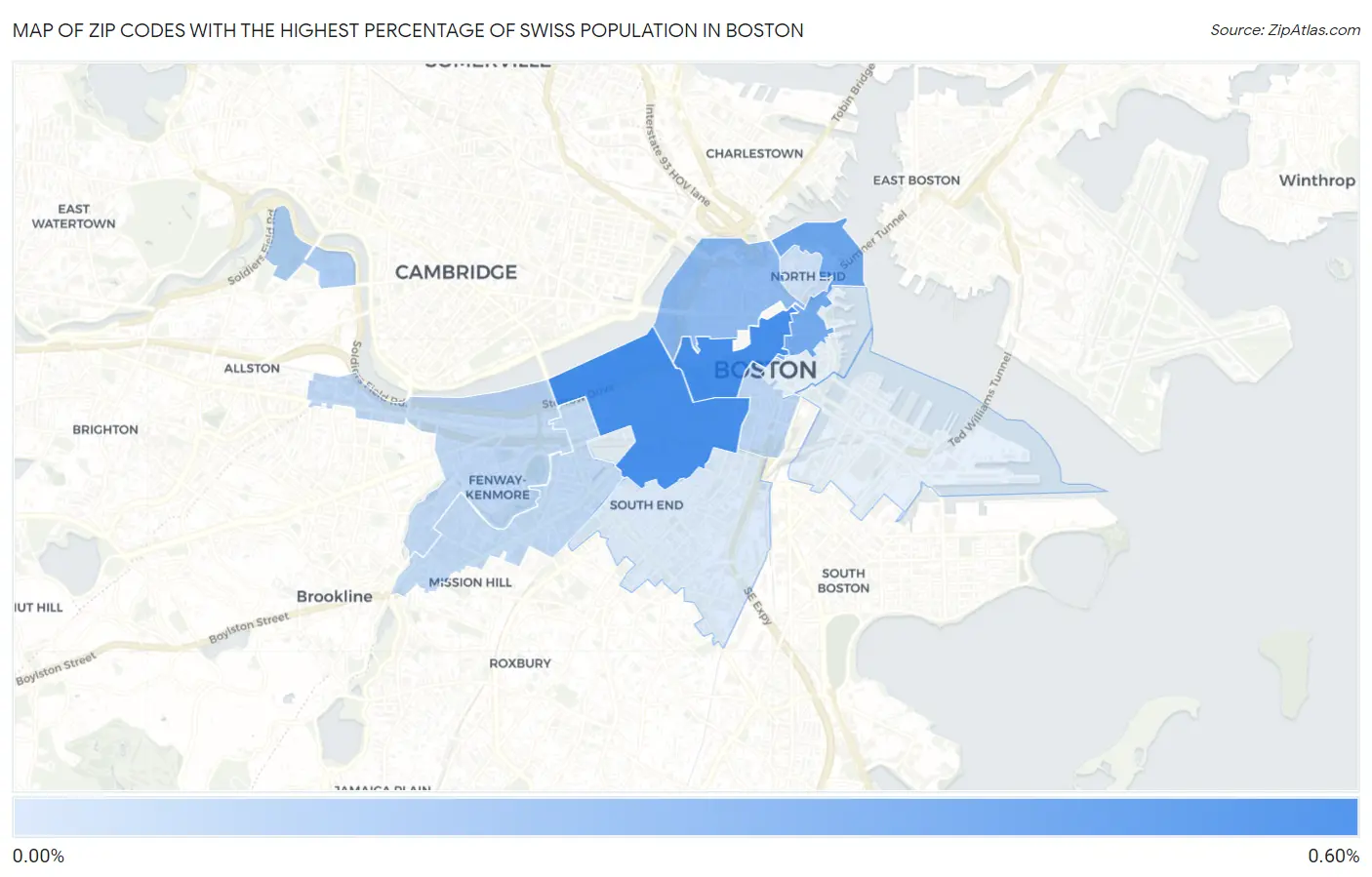 Zip Codes with the Highest Percentage of Swiss Population in Boston Map