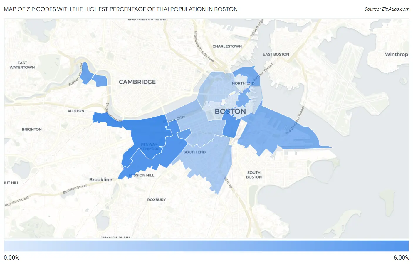 Zip Codes with the Highest Percentage of Thai Population in Boston Map