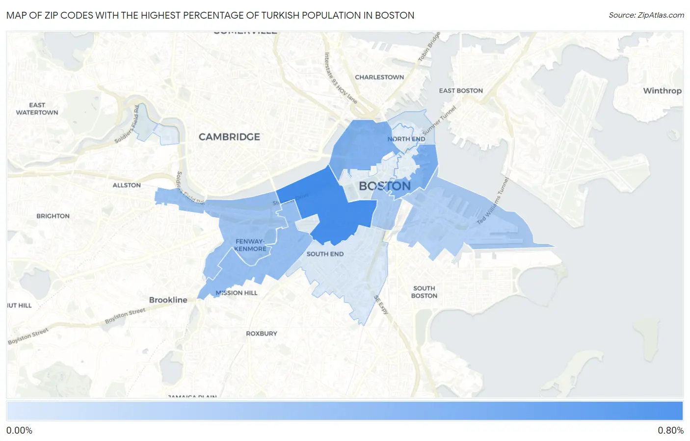 Zip Codes with the Highest Percentage of Turkish Population in Boston Map