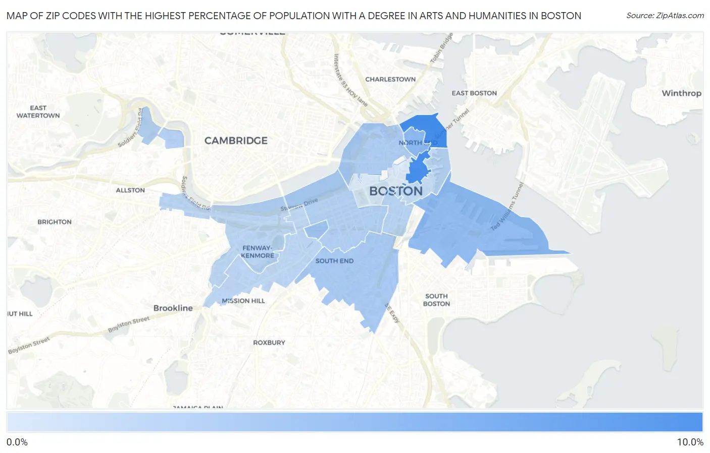 Zip Codes with the Highest Percentage of Population with a Degree in Arts and Humanities in Boston Map