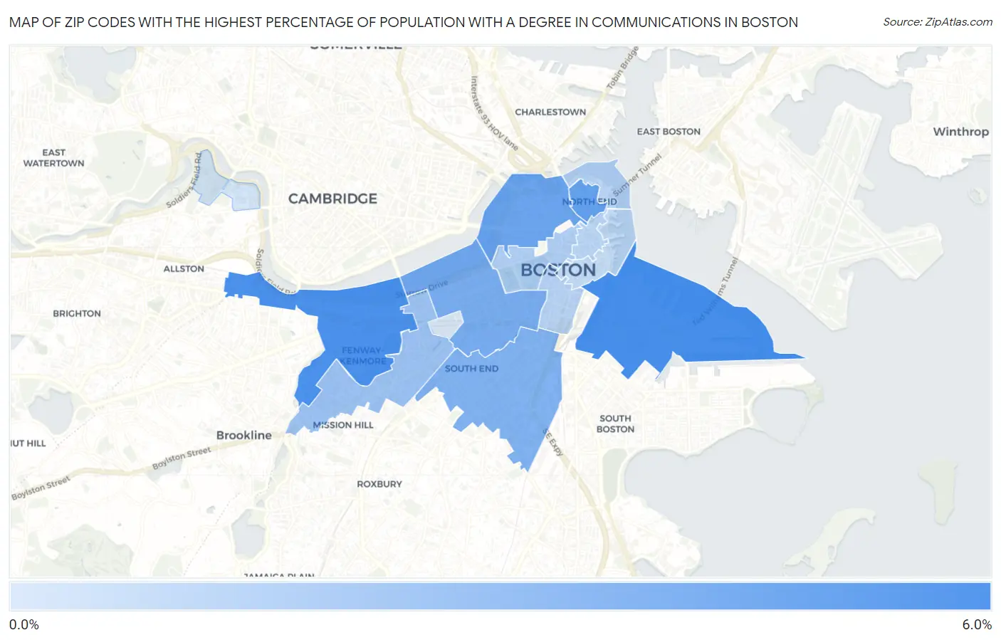 Zip Codes with the Highest Percentage of Population with a Degree in Communications in Boston Map