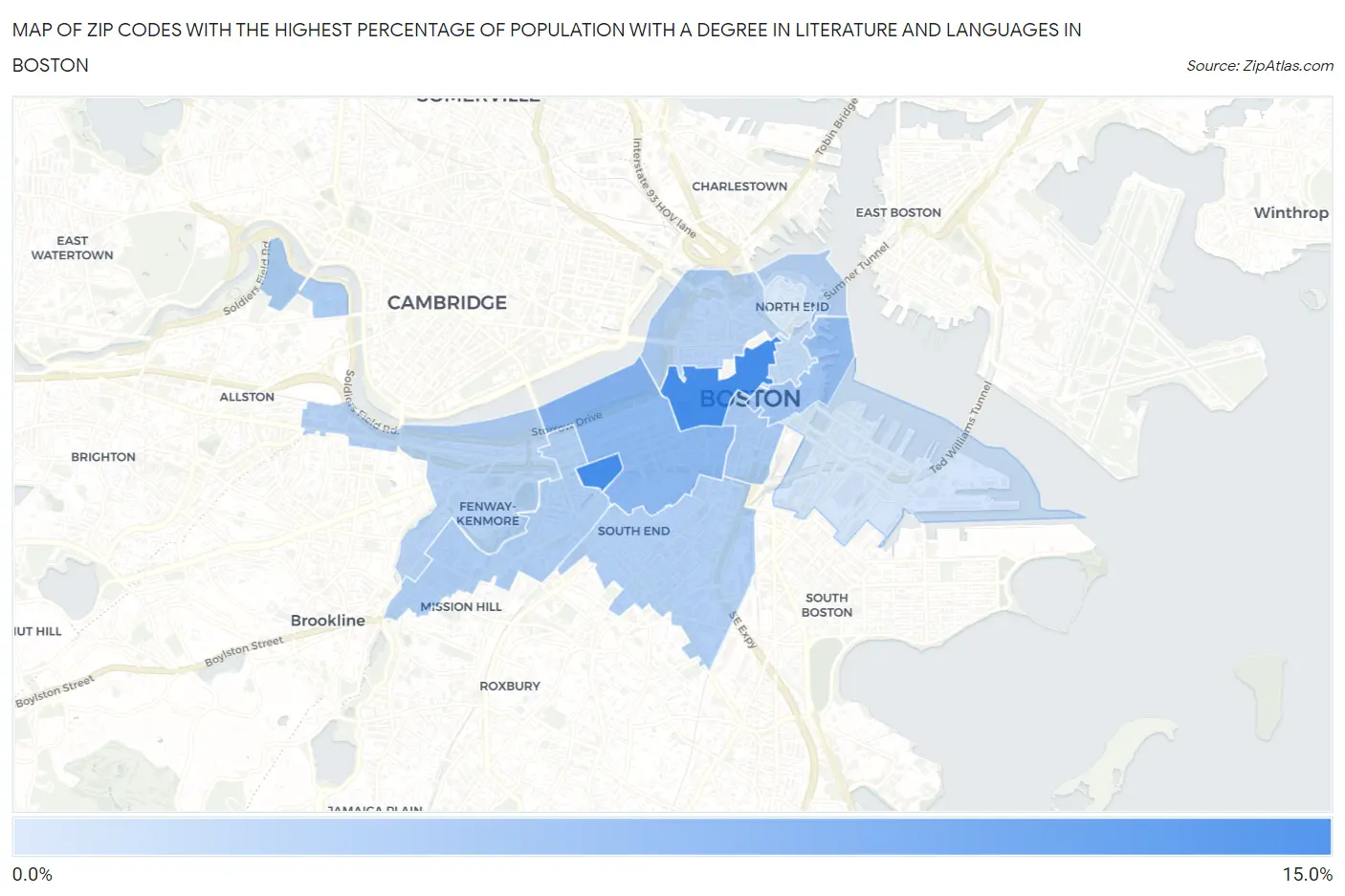 Zip Codes with the Highest Percentage of Population with a Degree in Literature and Languages in Boston Map