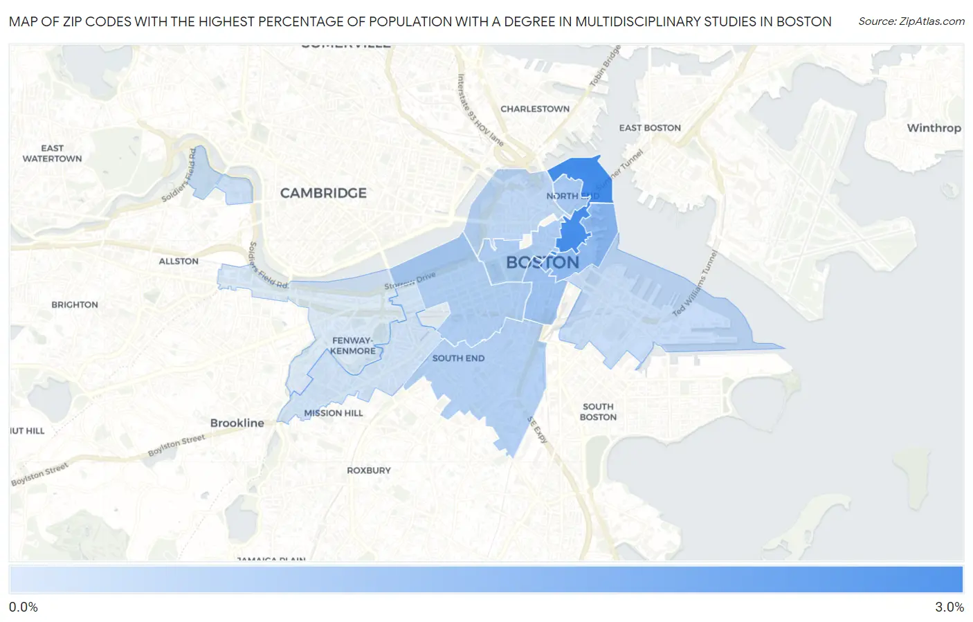 Zip Codes with the Highest Percentage of Population with a Degree in Multidisciplinary Studies in Boston Map