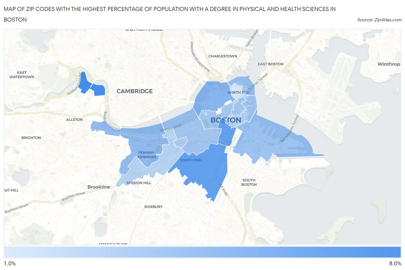 Zip Codes with the Highest Percentage of Population with a Degree in Physical and Health Sciences in Boston Map