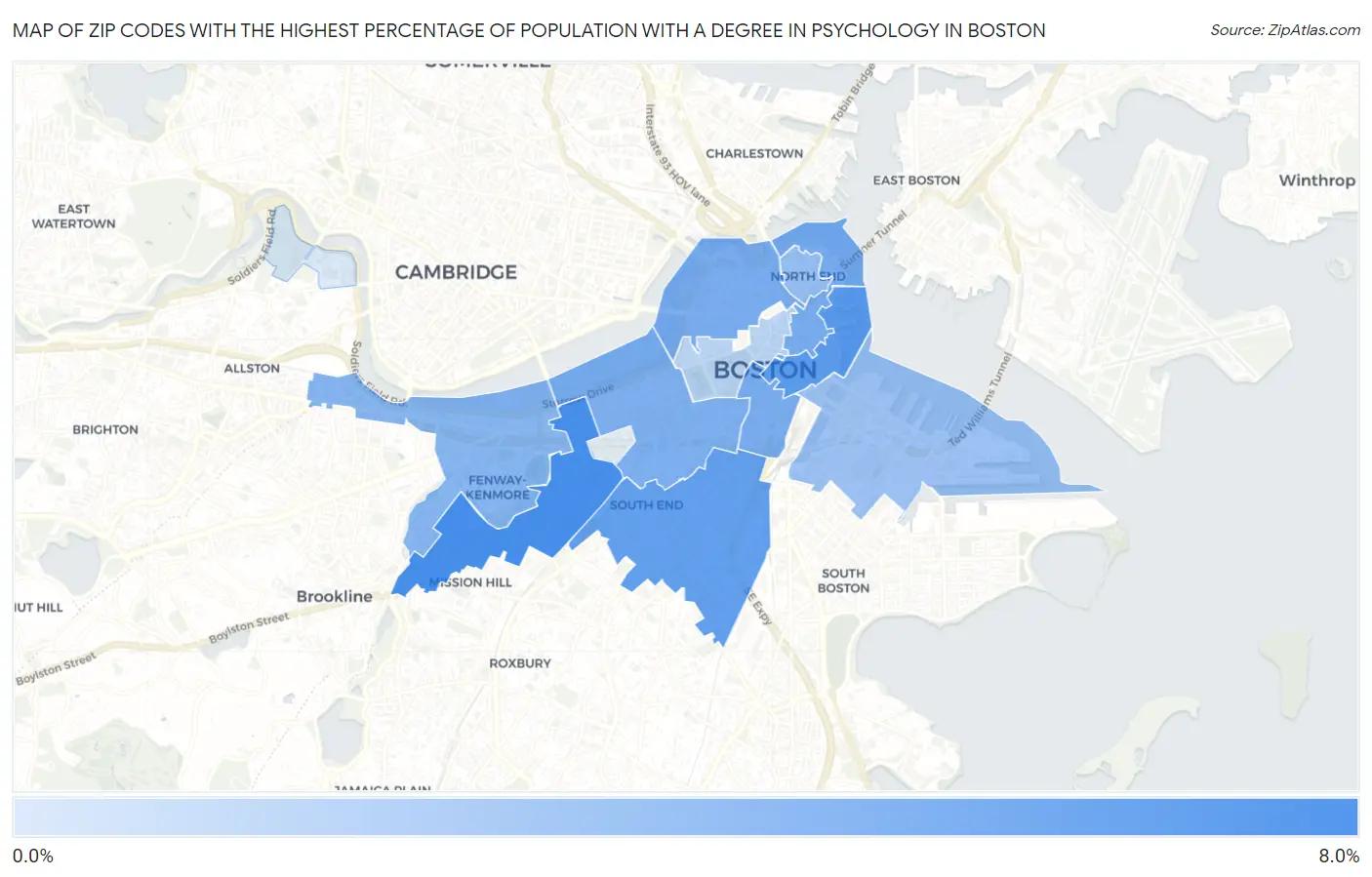 Zip Codes with the Highest Percentage of Population with a Degree in Psychology in Boston Map