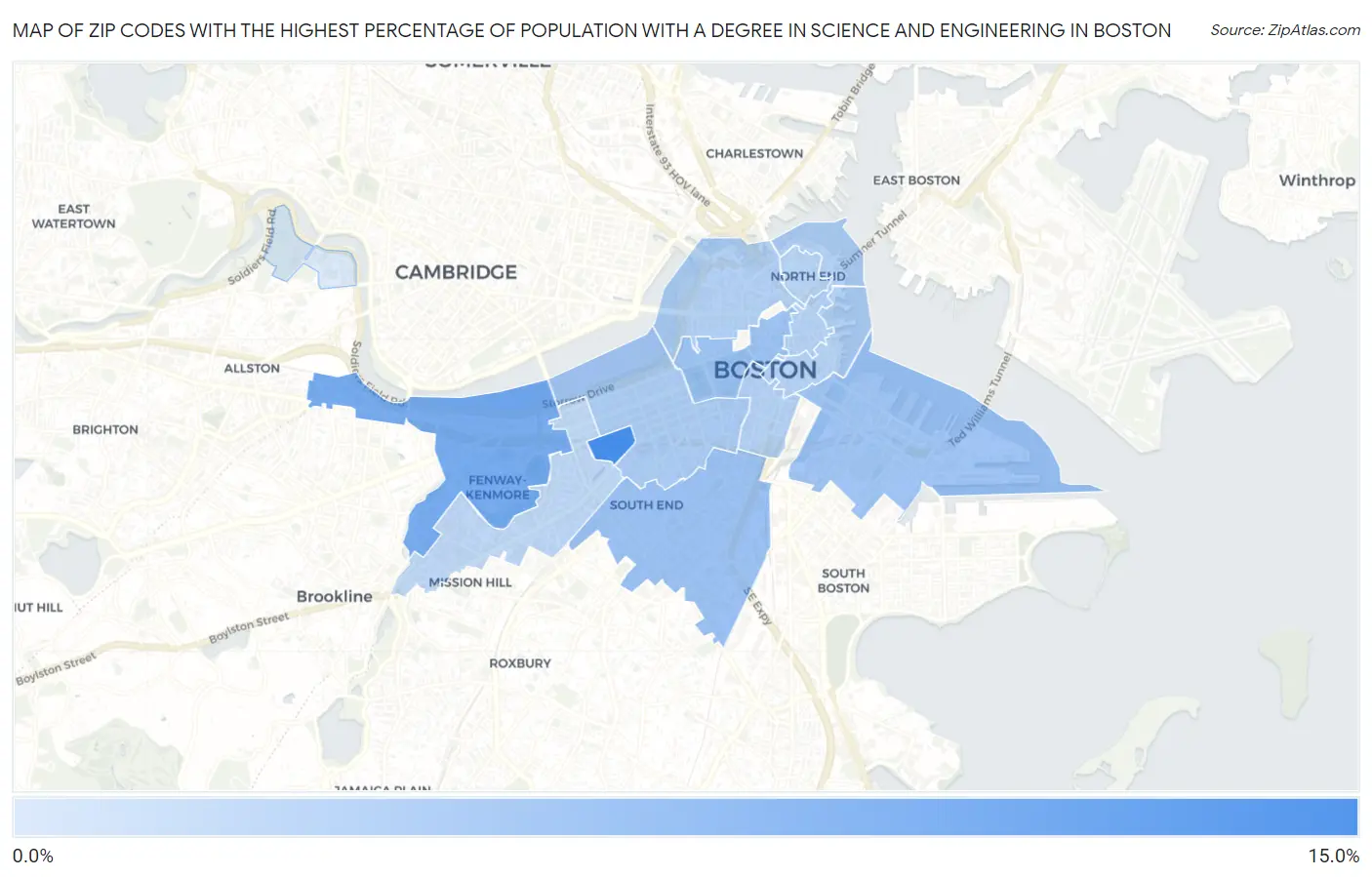 Zip Codes with the Highest Percentage of Population with a Degree in Science and Engineering in Boston Map