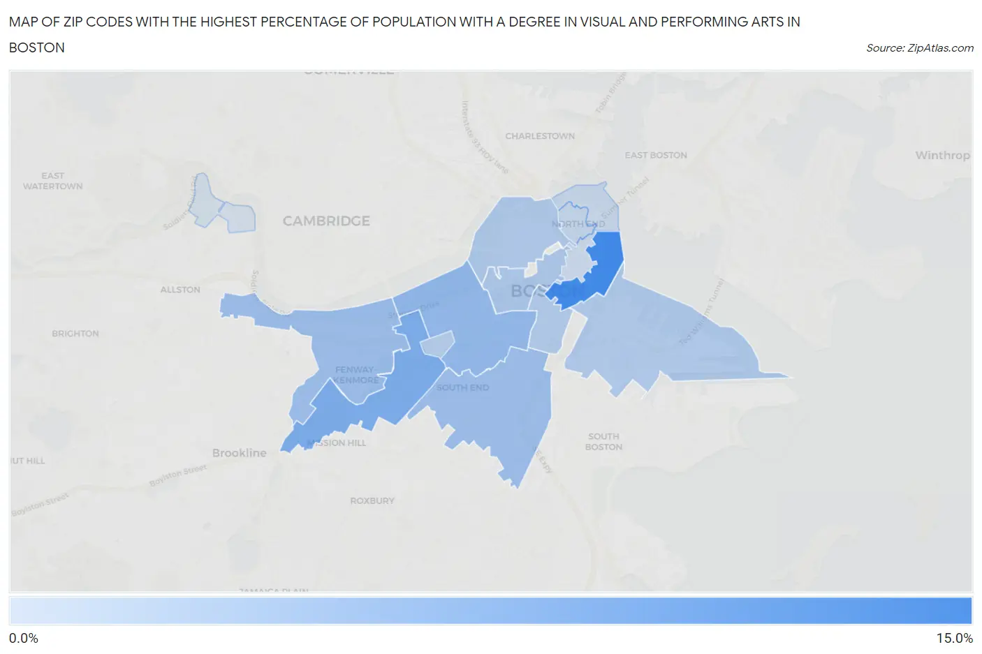 Zip Codes with the Highest Percentage of Population with a Degree in Visual and Performing Arts in Boston Map