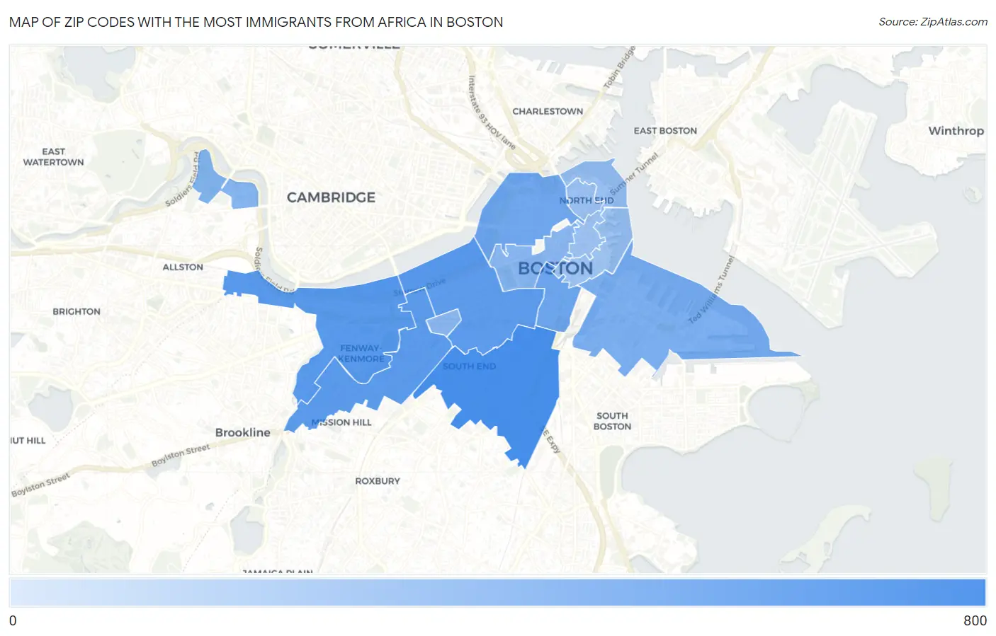 Zip Codes with the Most Immigrants from Africa in Boston Map