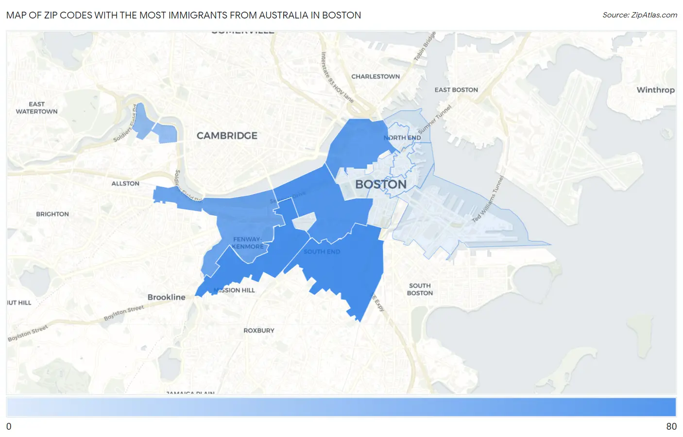 Zip Codes with the Most Immigrants from Australia in Boston Map