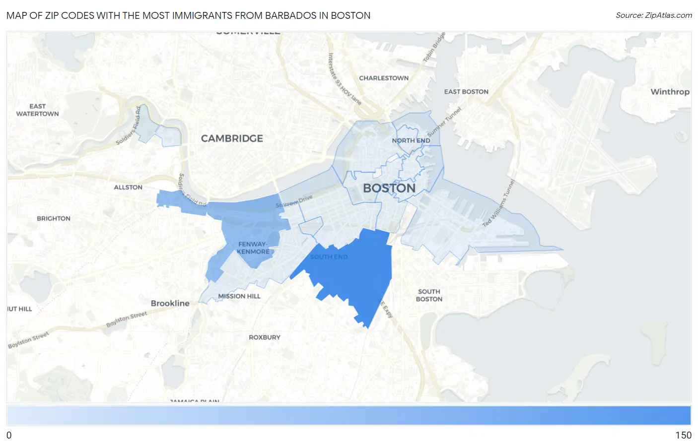 Zip Codes with the Most Immigrants from Barbados in Boston Map