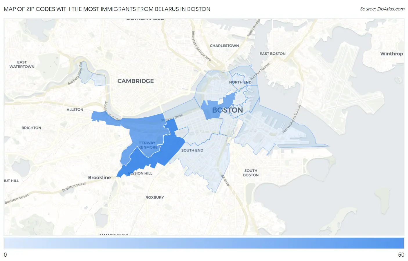 Zip Codes with the Most Immigrants from Belarus in Boston Map