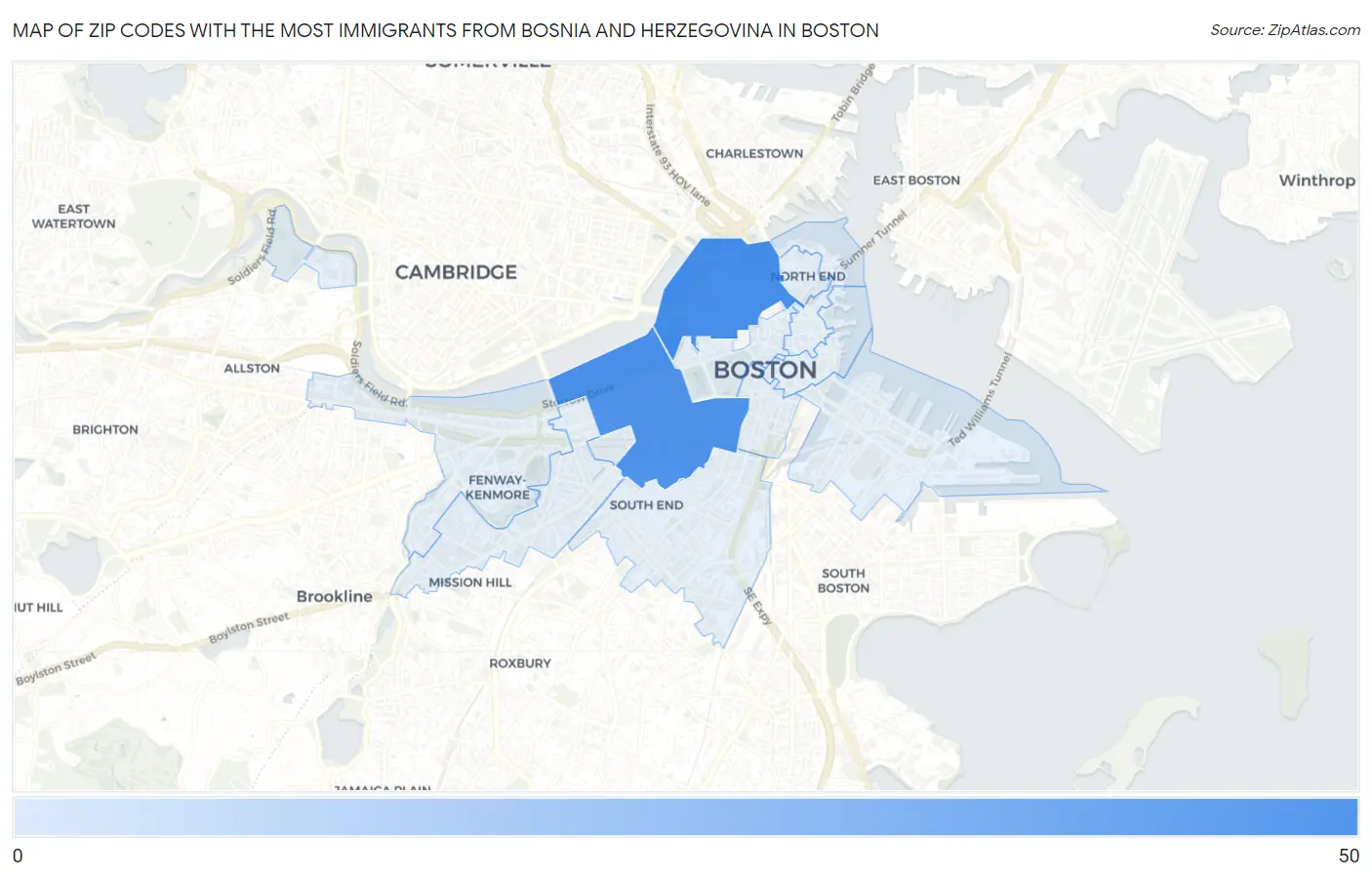 Zip Codes with the Most Immigrants from Bosnia and Herzegovina in Boston Map