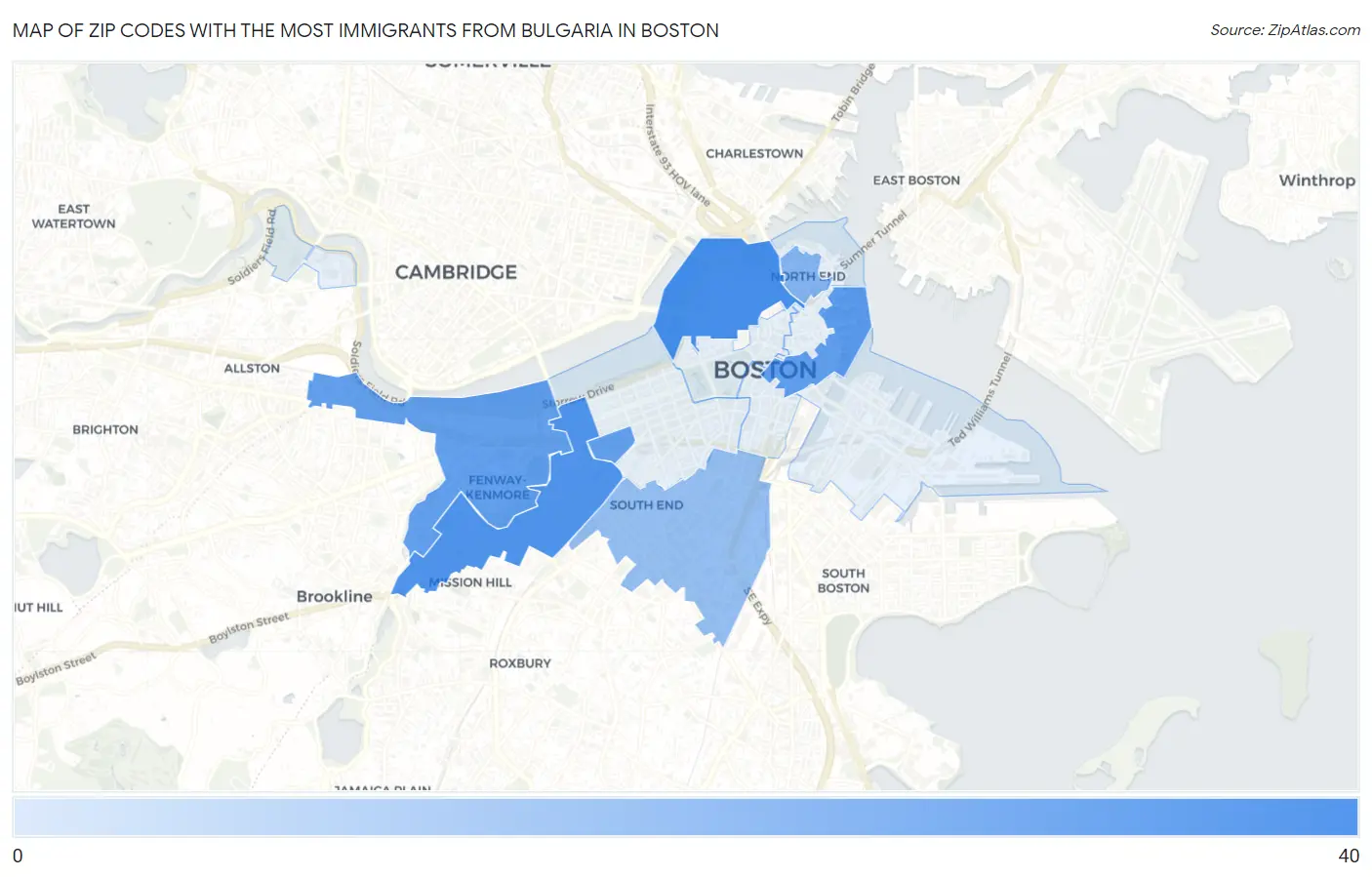 Zip Codes with the Most Immigrants from Bulgaria in Boston Map