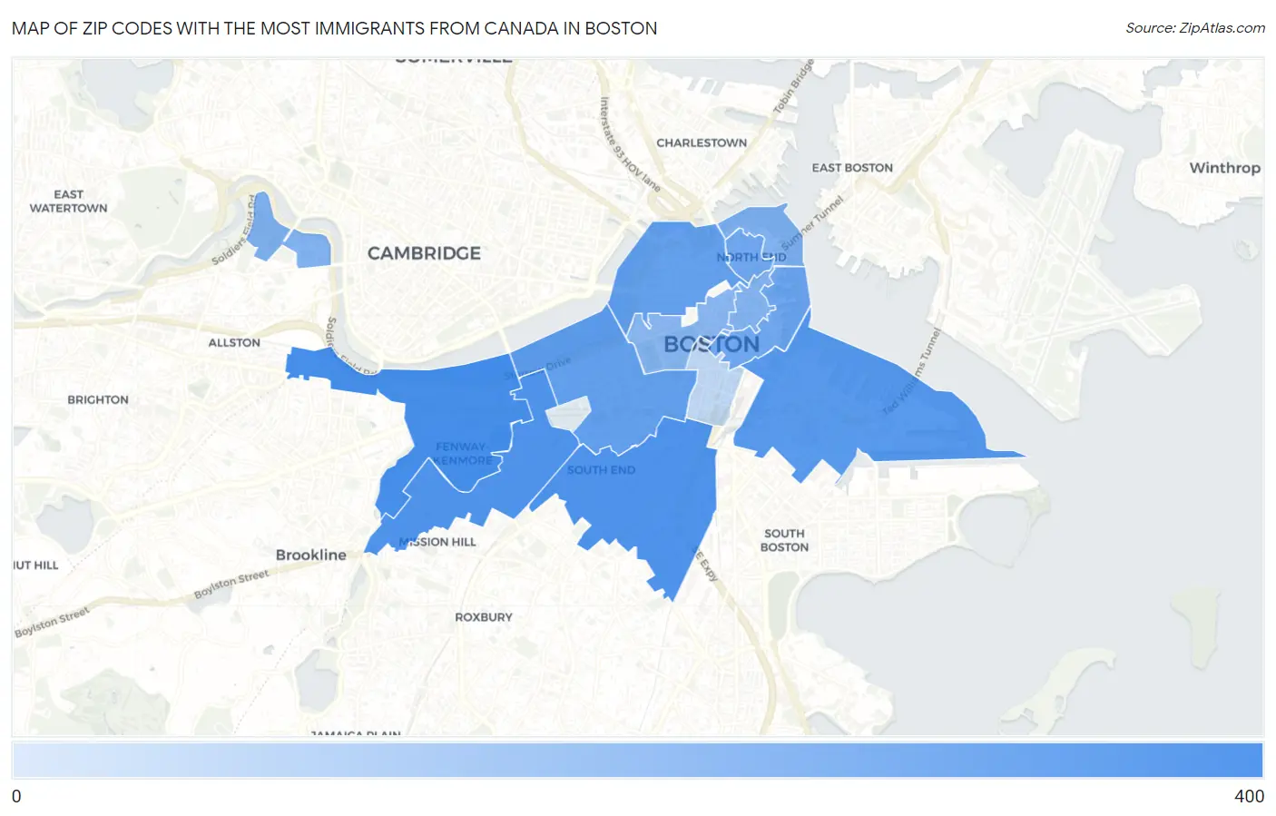 Zip Codes with the Most Immigrants from Canada in Boston Map