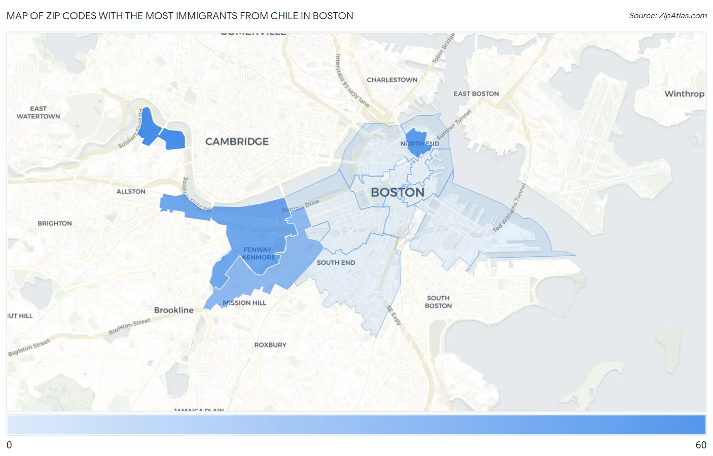 Zip Codes with the Most Immigrants from Chile in Boston Map