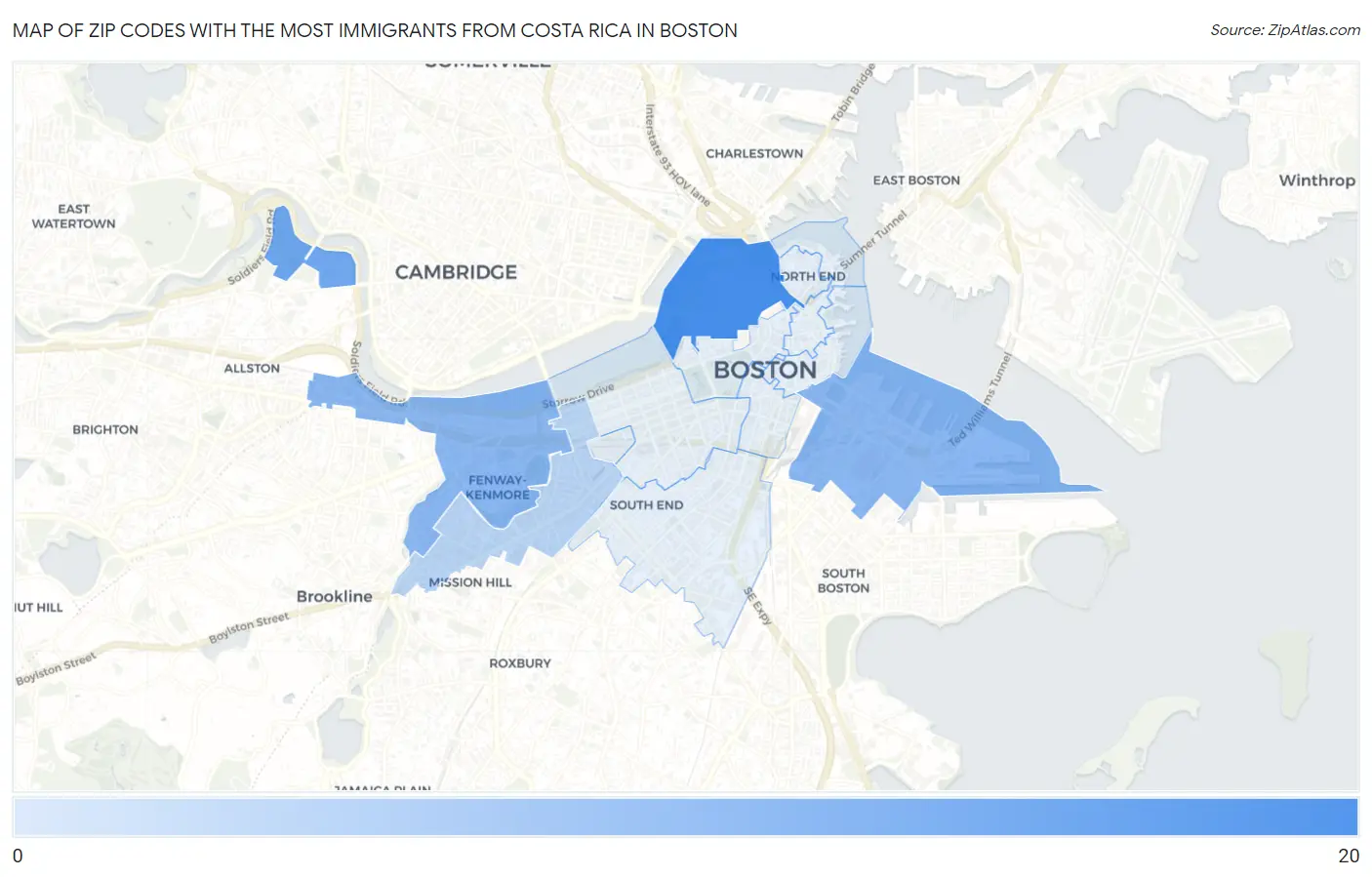Zip Codes with the Most Immigrants from Costa Rica in Boston Map