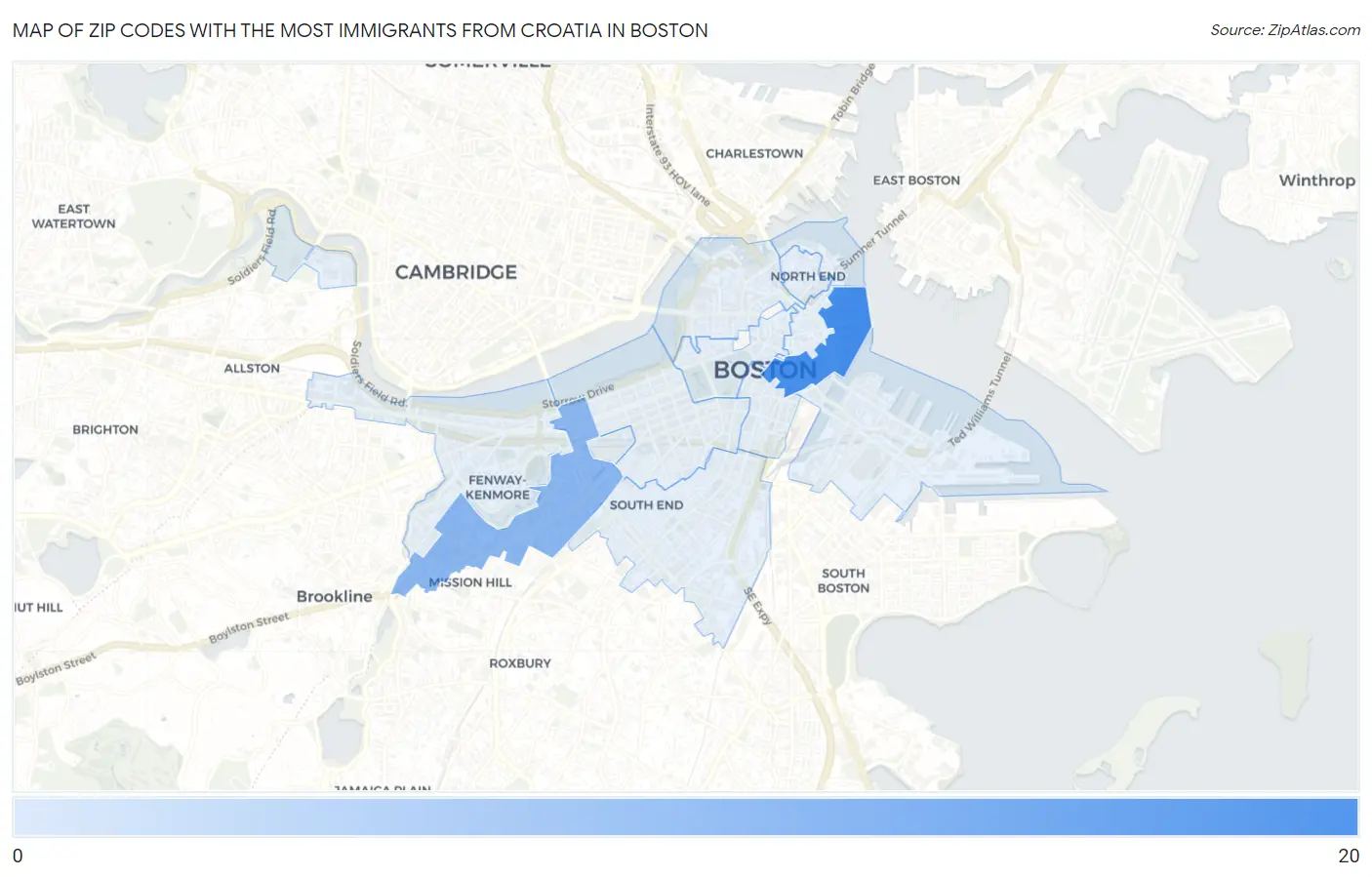Zip Codes with the Most Immigrants from Croatia in Boston Map