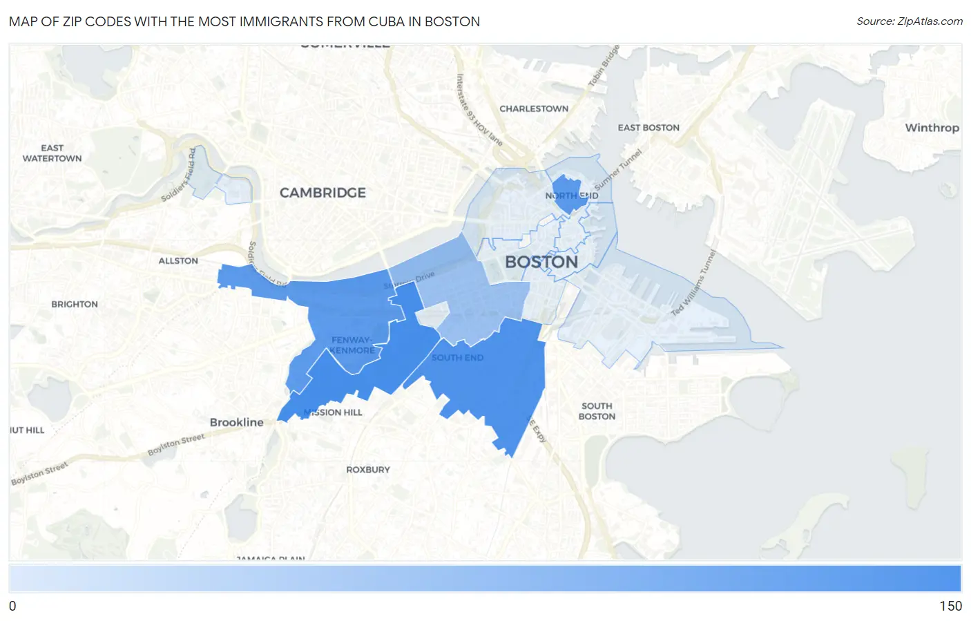 Zip Codes with the Most Immigrants from Cuba in Boston Map