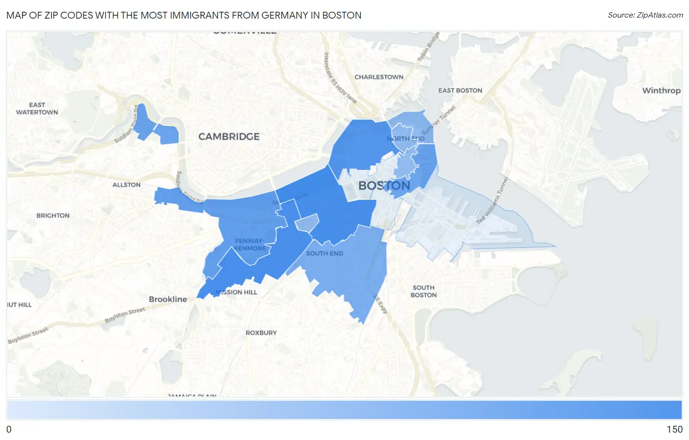 Zip Codes with the Most Immigrants from Germany in Boston Map
