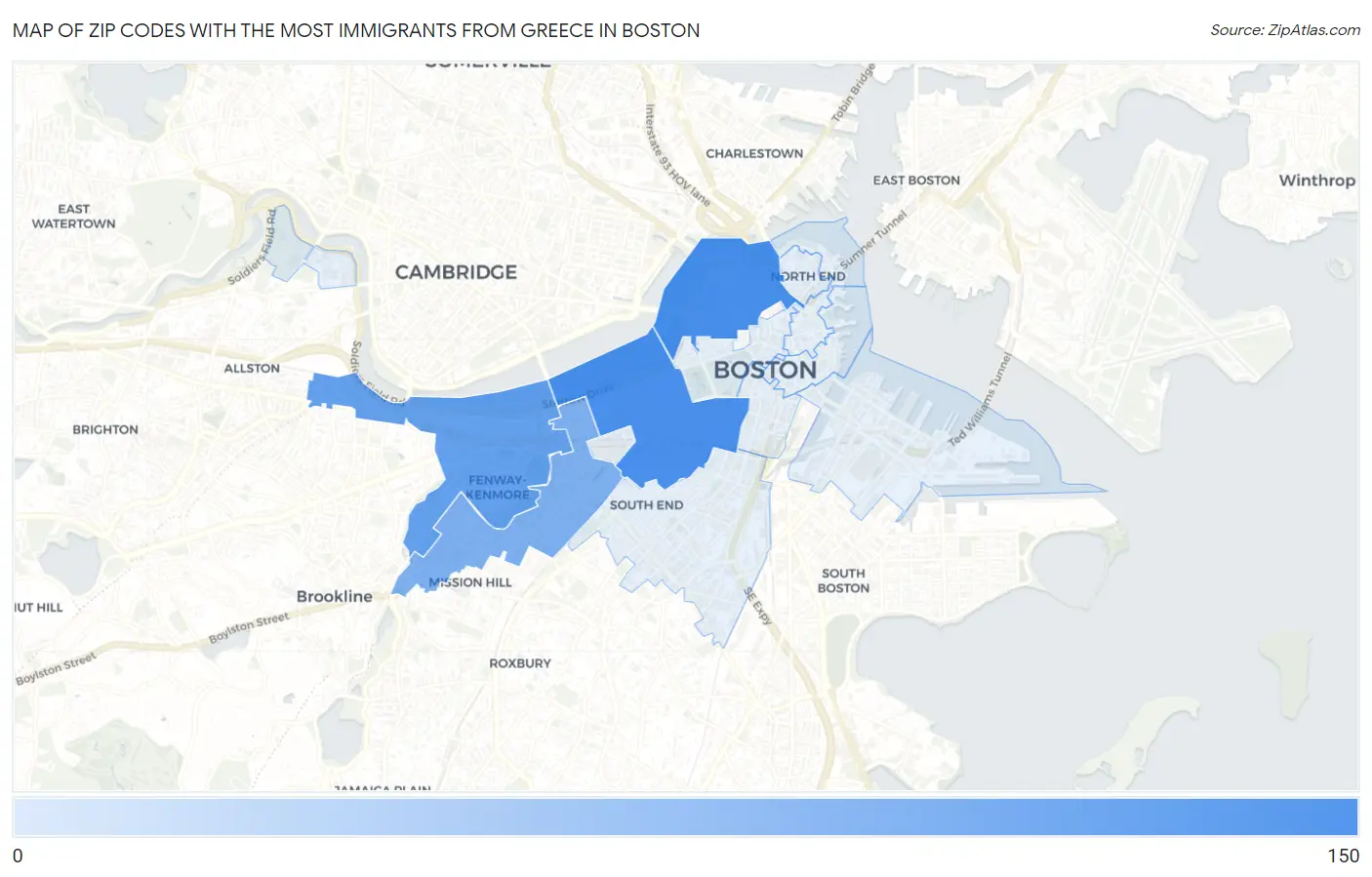 Zip Codes with the Most Immigrants from Greece in Boston Map