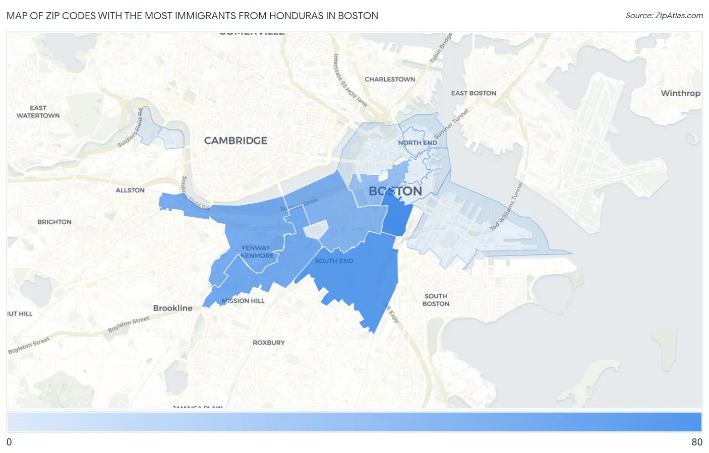 Zip Codes with the Most Immigrants from Honduras in Boston Map