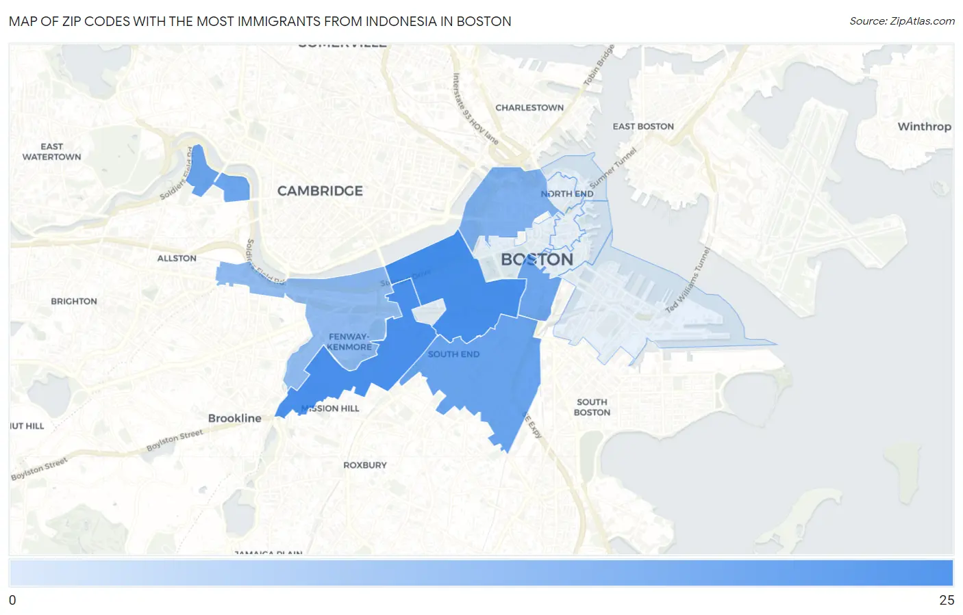 Zip Codes with the Most Immigrants from Indonesia in Boston Map