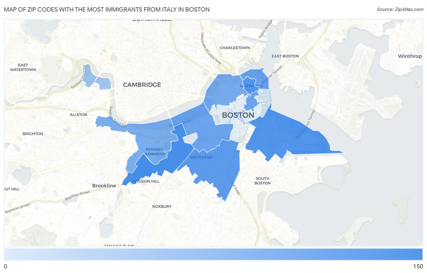Zip Codes with the Most Immigrants from Italy in Boston Map