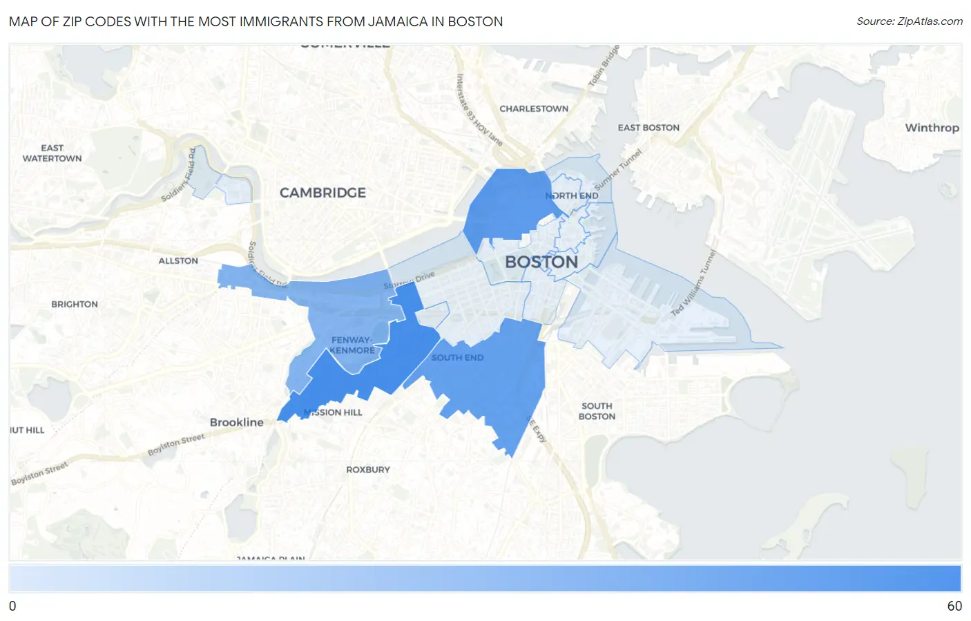 Zip Codes with the Most Immigrants from Jamaica in Boston Map